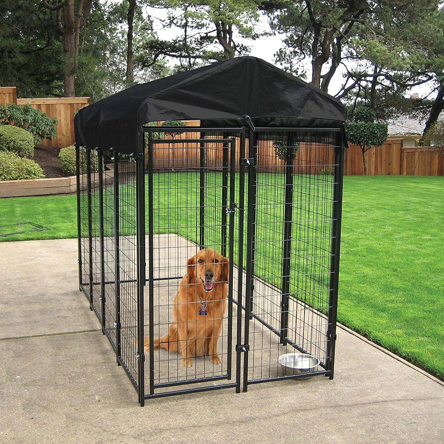 Black Steel Frame Outdoor Dog Kennel with Waterproof Canopy