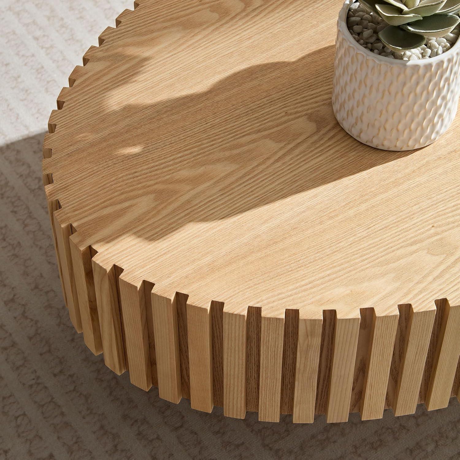 Oak Fluted Oval Coffee Table with Pedestal Base