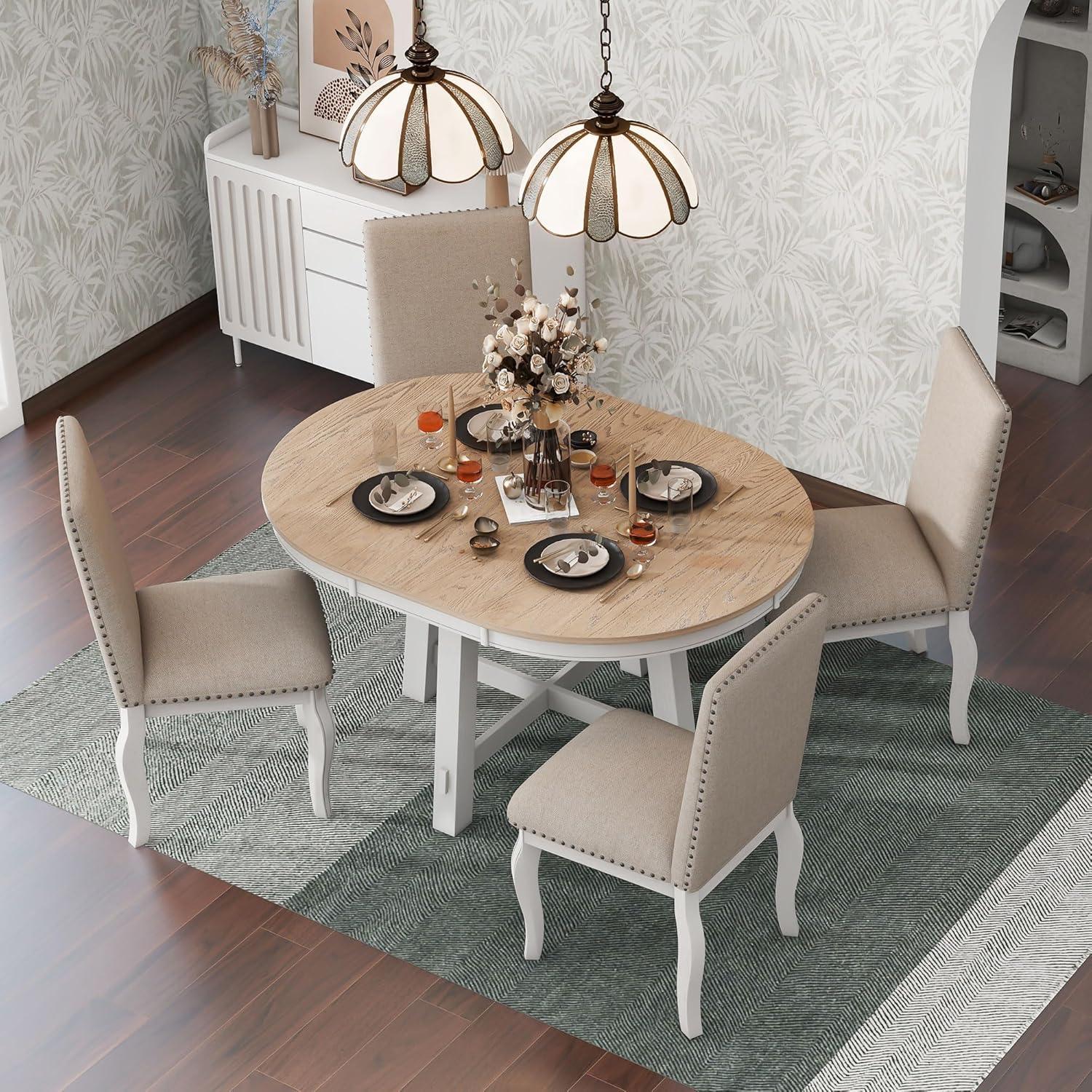 Prehome 5-Piece Farmhouse Dining Table Set Wood Round Extendable Dining Table and 4 Upholstered Dining Chairs (Oak Natural Wood + Antique White)