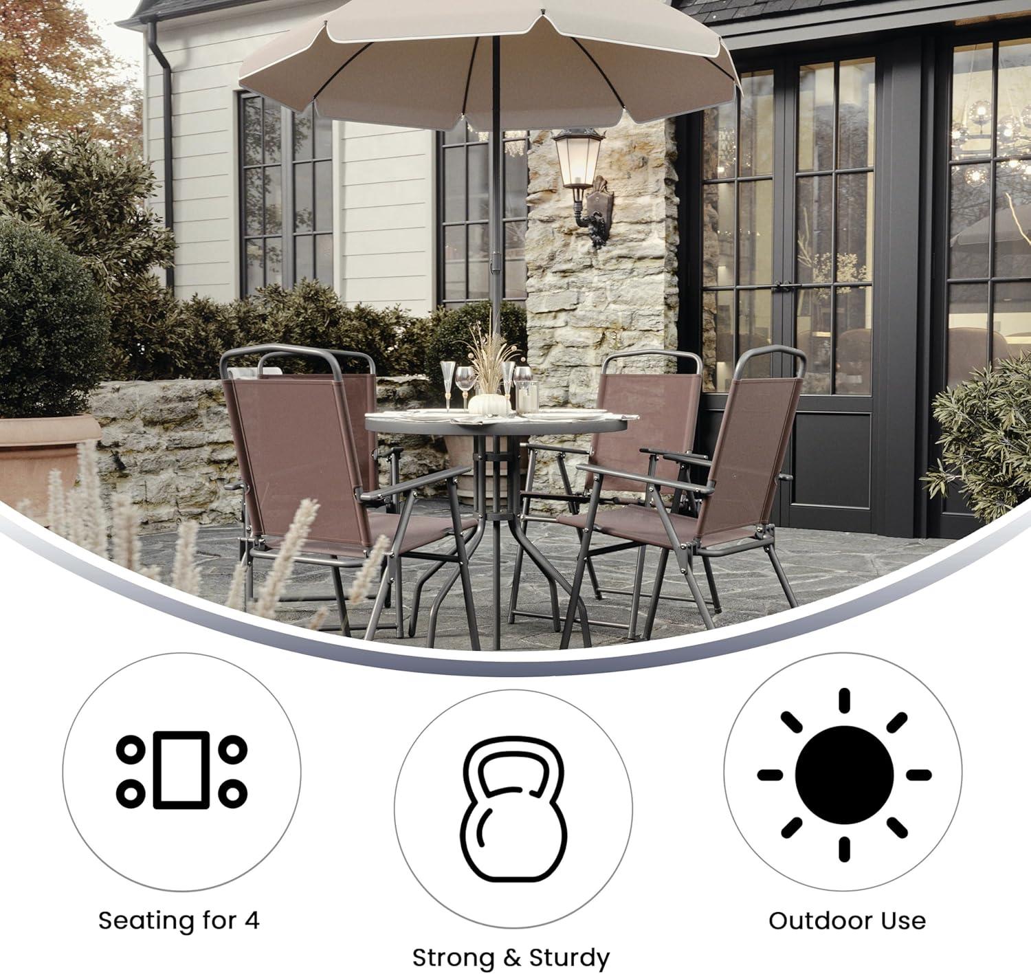 Flash Furniture Nantucket 6 Piece Patio Garden Set with Table, Umbrella and 4 Folding Chairs