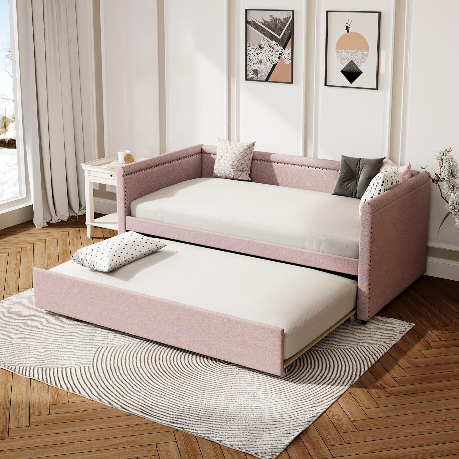 Pink Modern Style Twin Size Linen Upholstered Daybed with Trundle, Curved Arms, Nailhead Trims