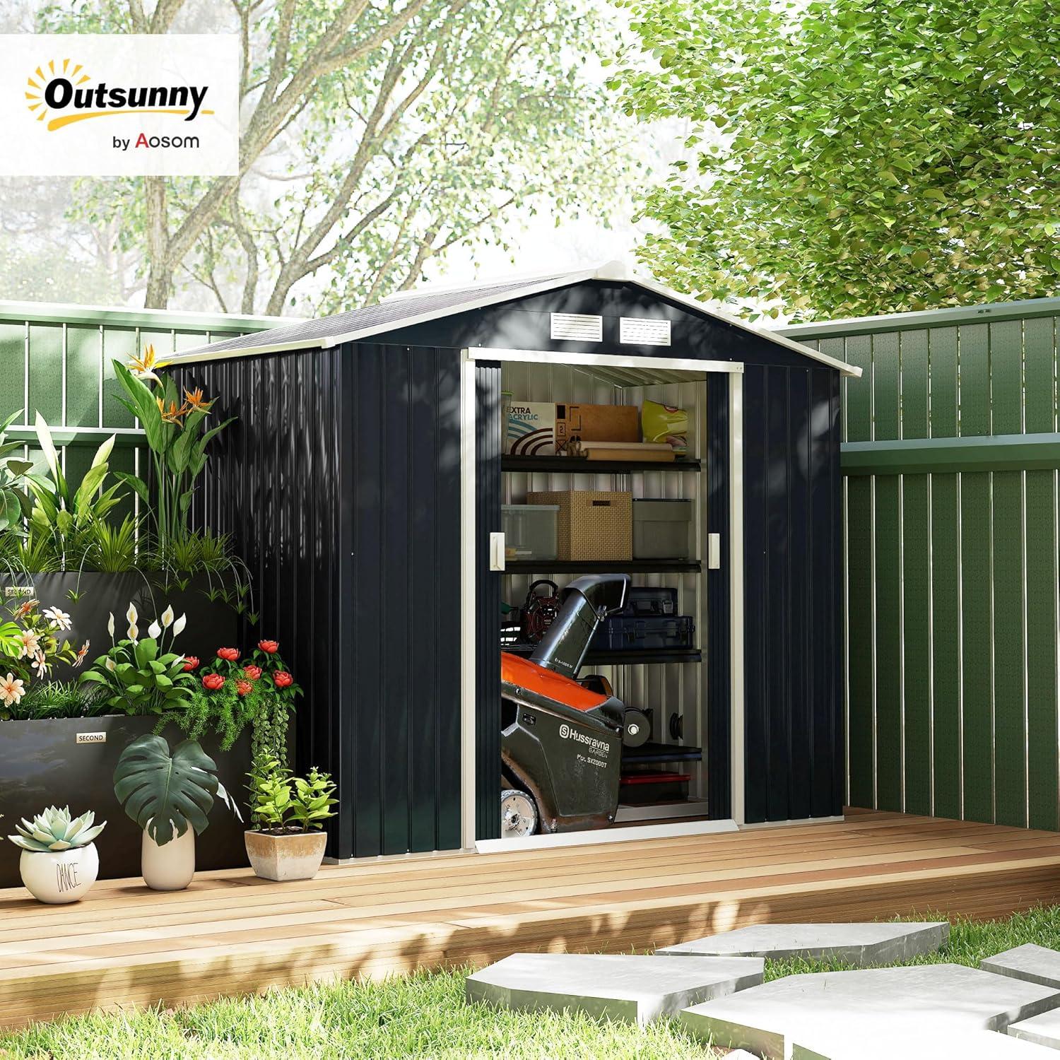 Outsunny 7' x 4' Metal Storage Shed Organizer, Garden Tool House with 4 Vents and 2 Sliding Doors for Backyard, Patio, Garage, Lawn, Dark Gray