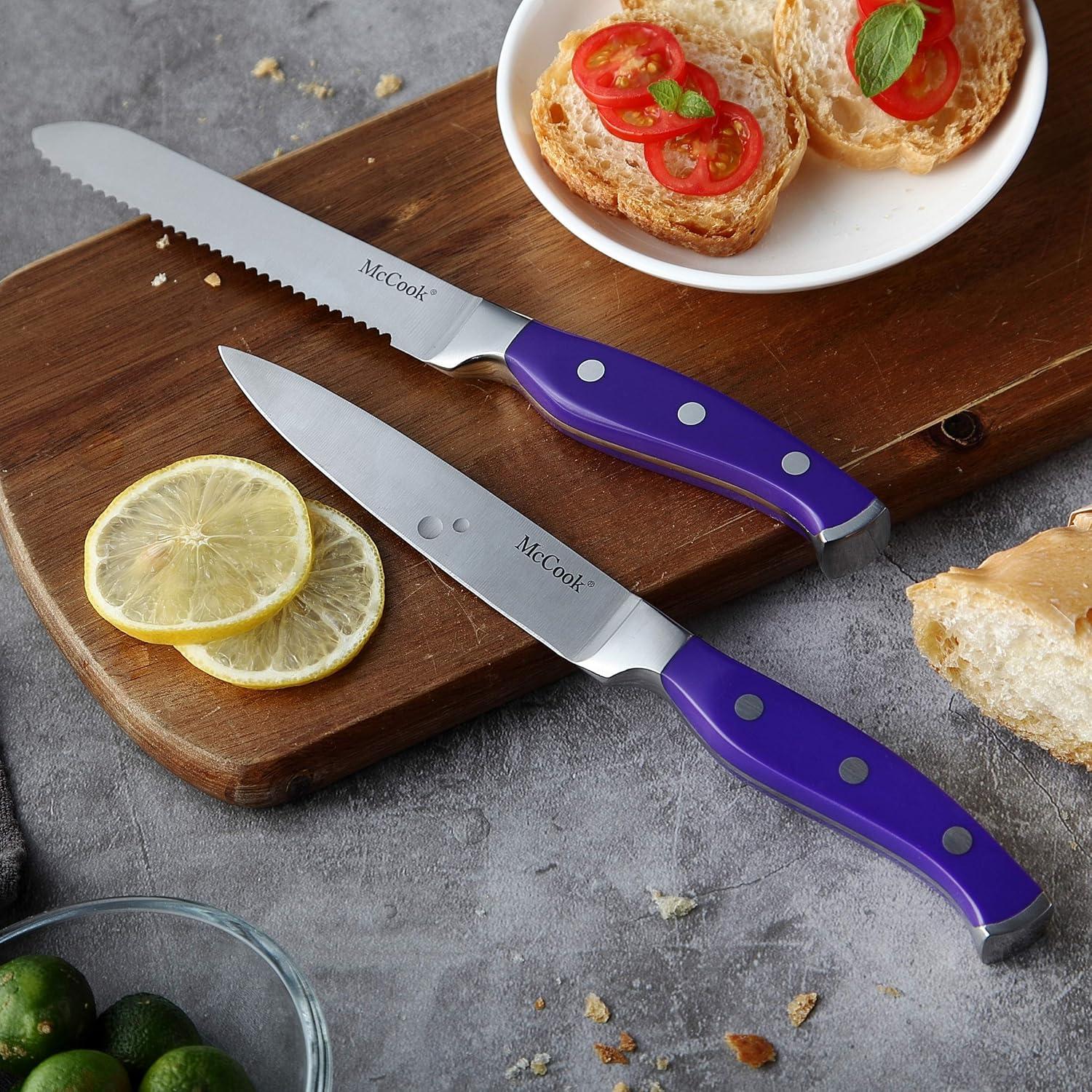 MC27 14 Pieces Stainless Steel kitchen knife set with Wooden Block, Kitchen Scissors and Built-in Sharpener, Purple
