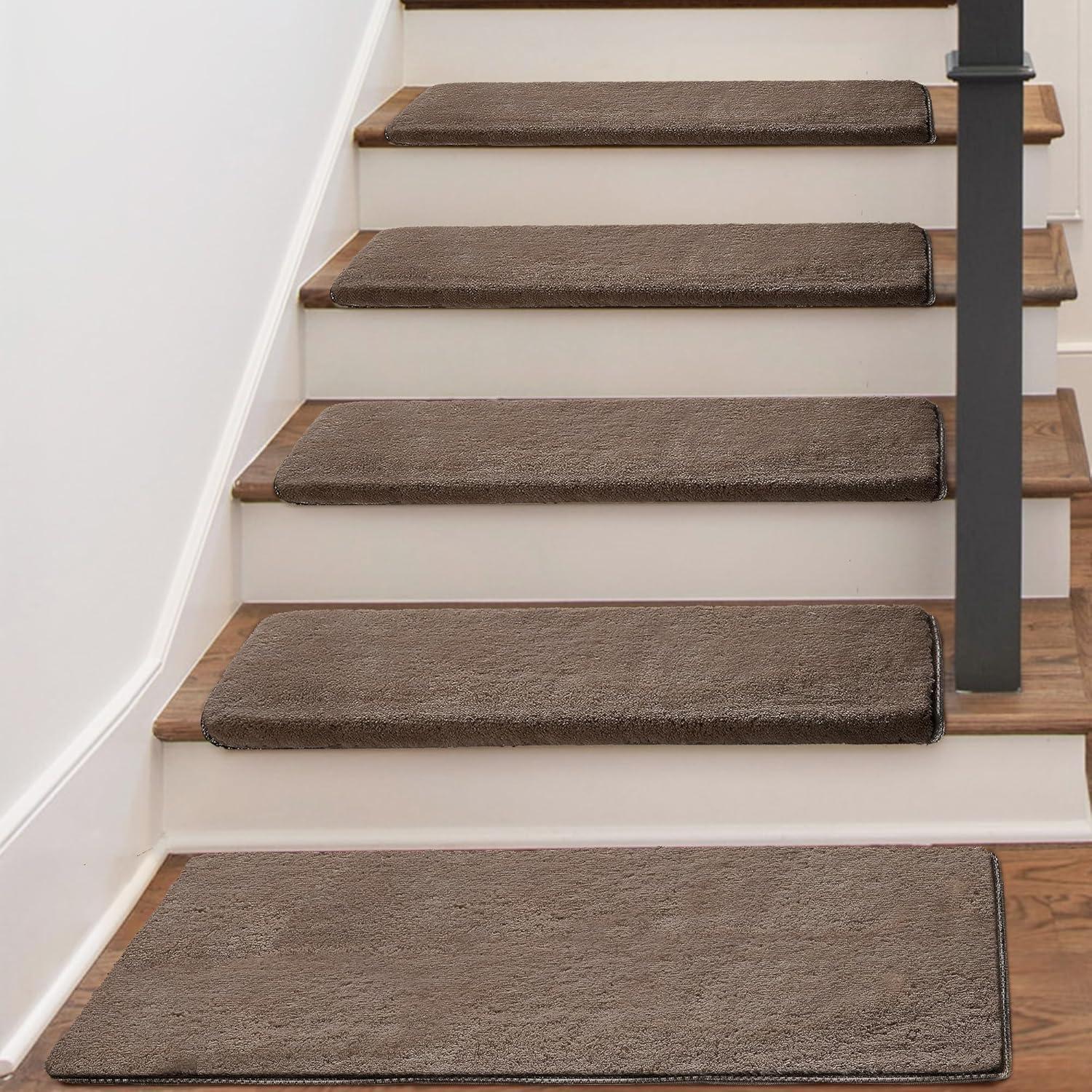 Soft Plush Brown 9.5 in. x 30 in. x 1.2 in. Bullnose Indoor Stair Tread Cover Tape Free Non-slip Carpet Set of 14