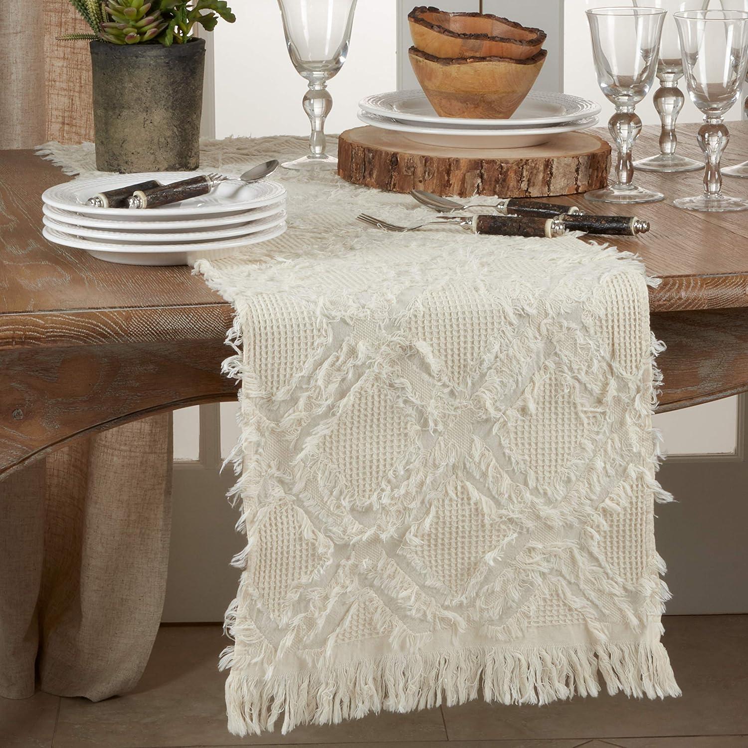 Saro Lifestyle Fringe Design Waffle Weave Table Runner