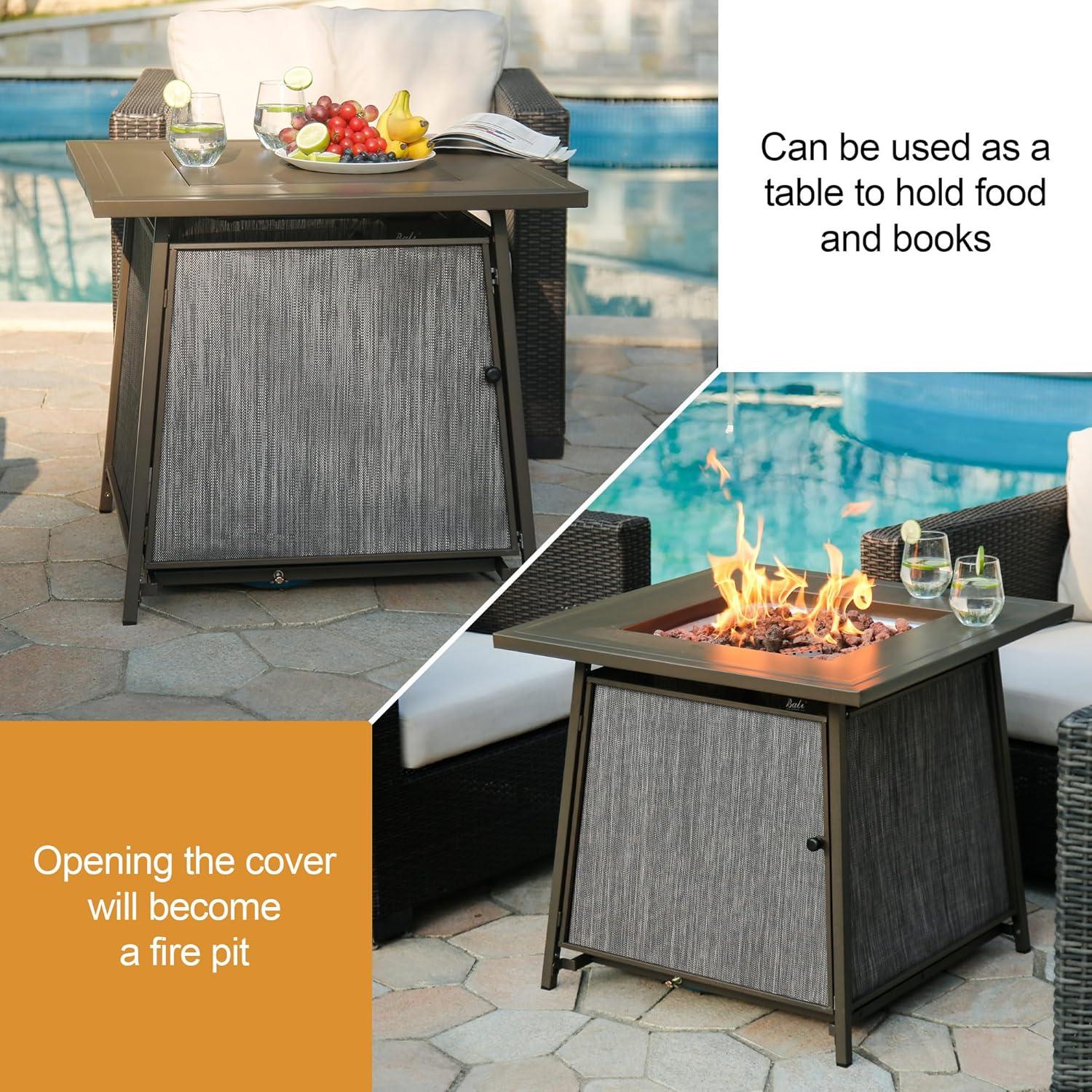 BALI OUTDOORS 28" Gas Fire Pit Table with Metal Lid and Lava Rocks, 50,000 BTU / Gray