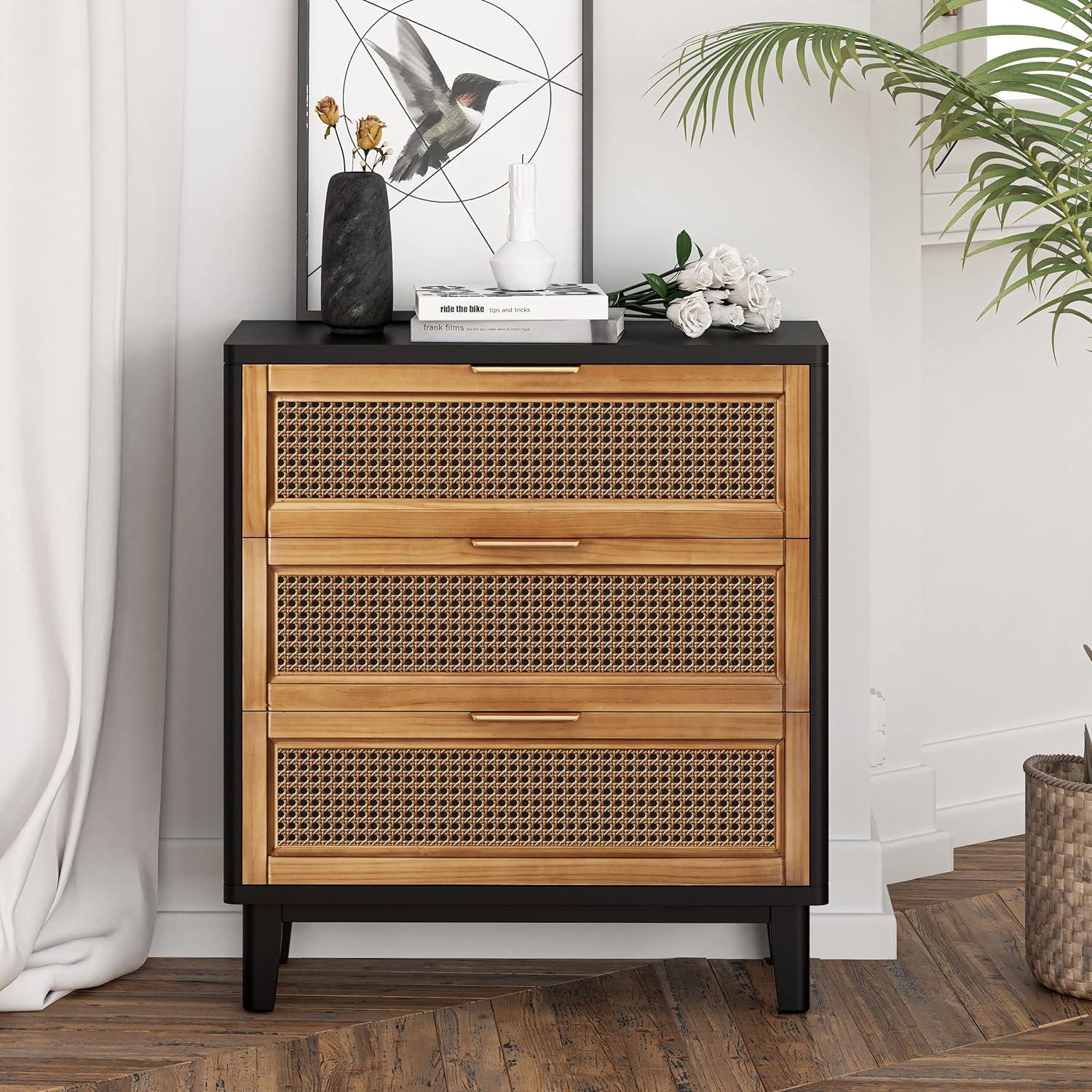 Black and Natural Cane 3-Drawer Nightstand with Brass Pulls