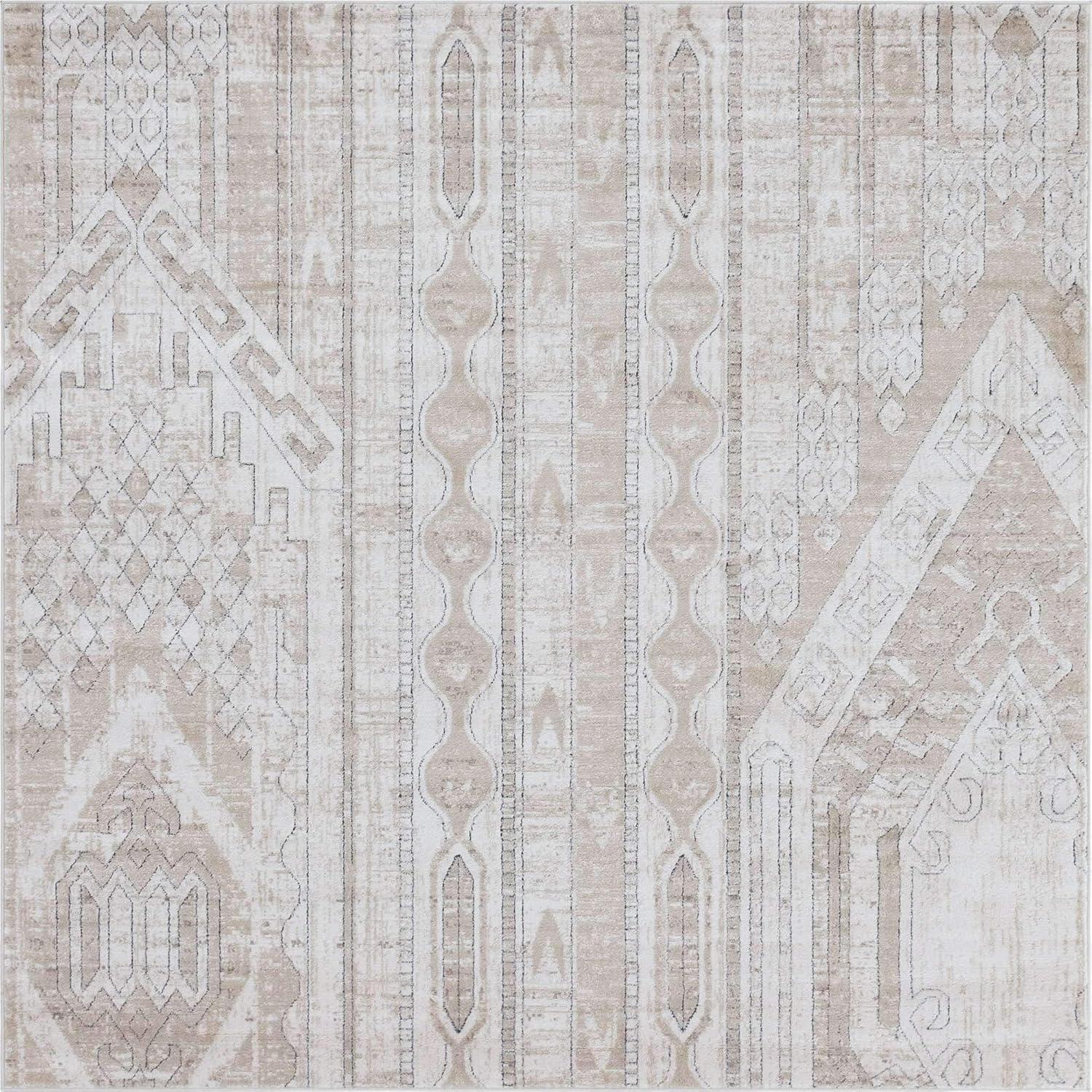 Unique Loom Portland Collection Southwestern Inspired Striped Tone-on-Tone Area Rug (8' 0 x 8' 0 Square, Tan/ Ivory)
