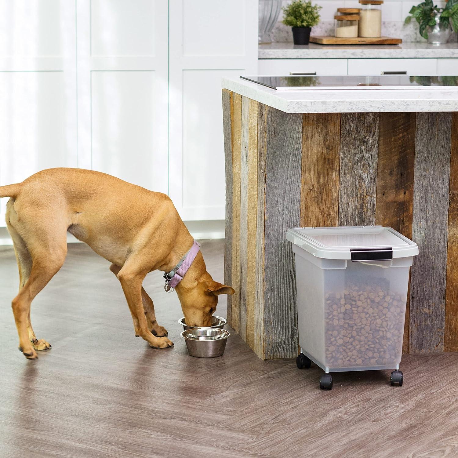 IRIS USA 25 Lbs / 32.5 Qt WeatherPro Airtight Pet Food Storage Container with Removable Casters, Clear/Gray