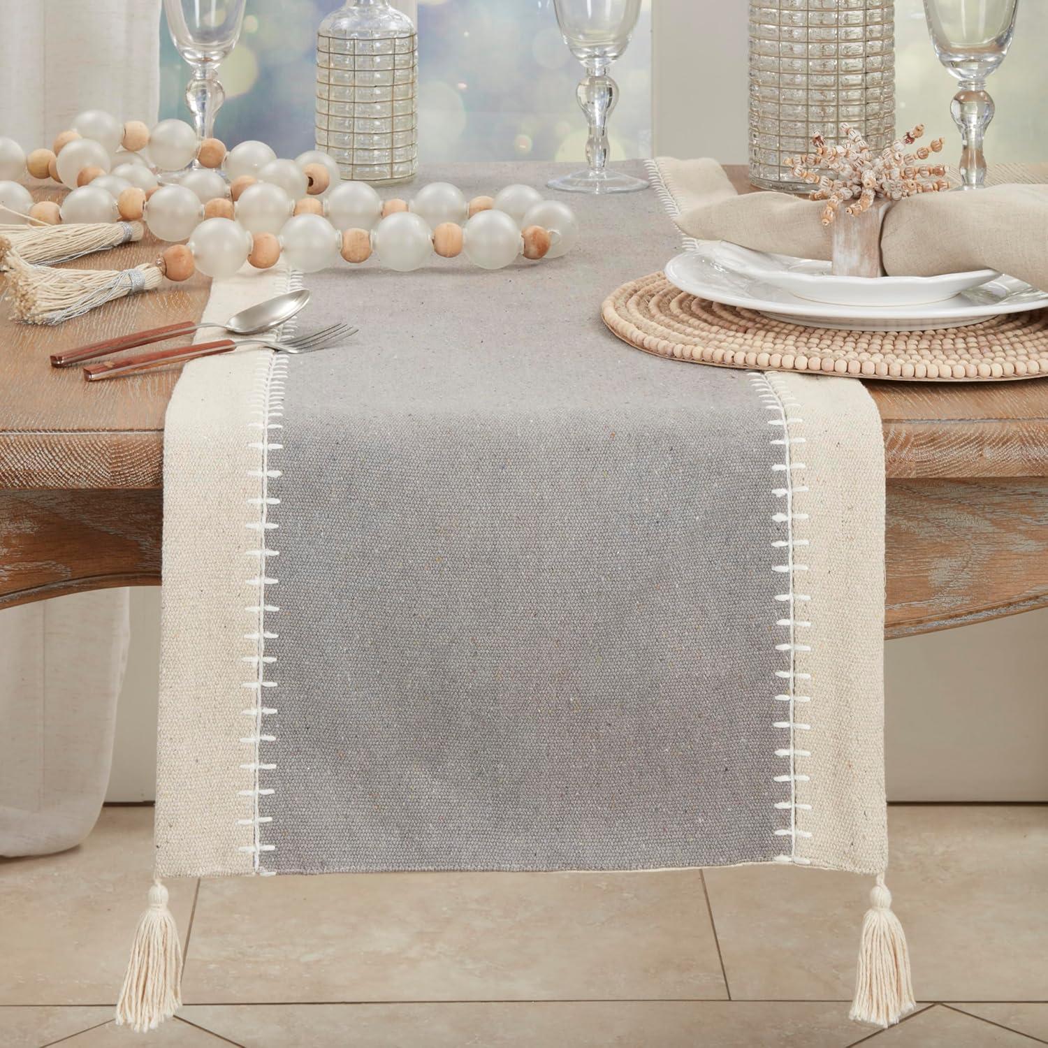 Gray Cotton Whipstitched Tassel Table Runner