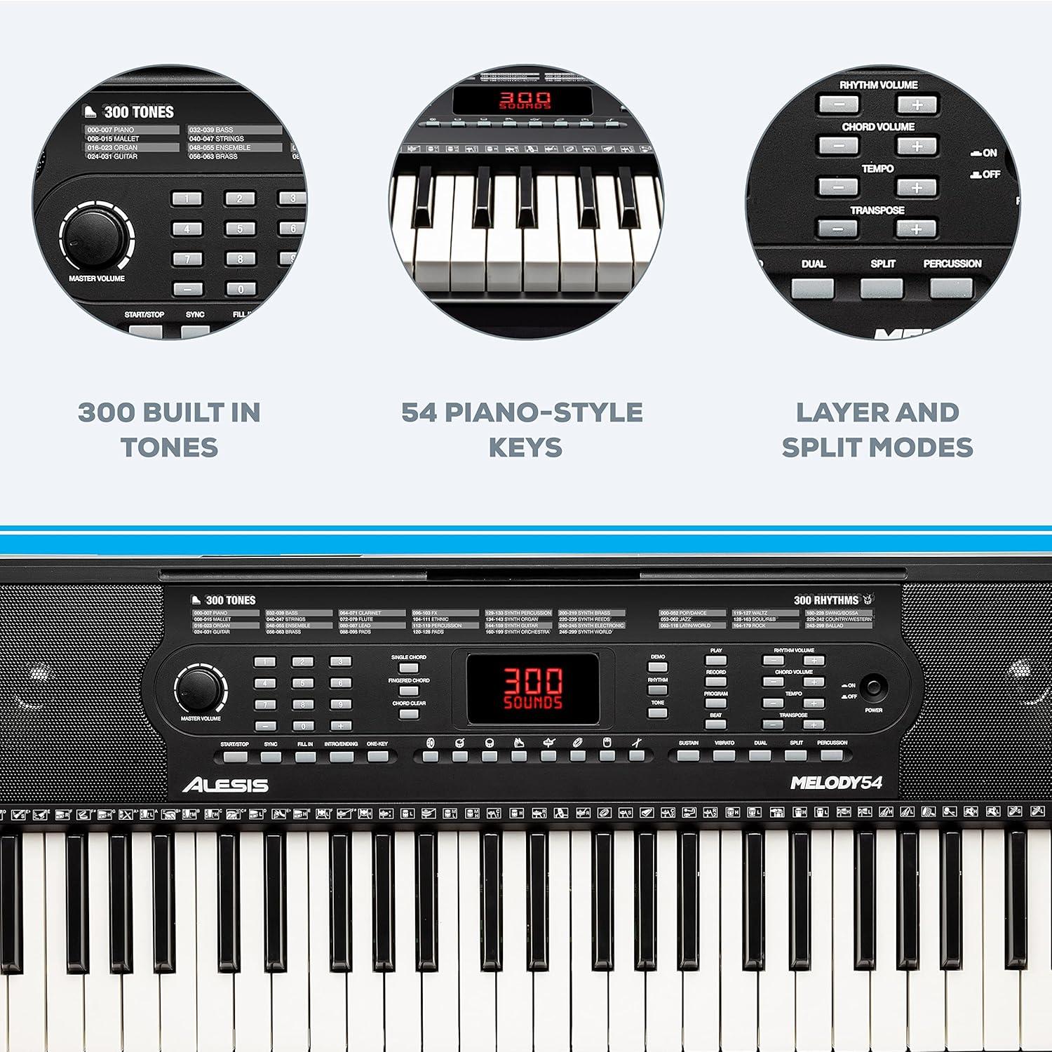 Alesis Melody 54 - Electric Keyboard Digital Piano with 54 Keys, Speakers, 300 Sounds, 300 Rhythms, 40 Songs, Microphone and Piano Lessons