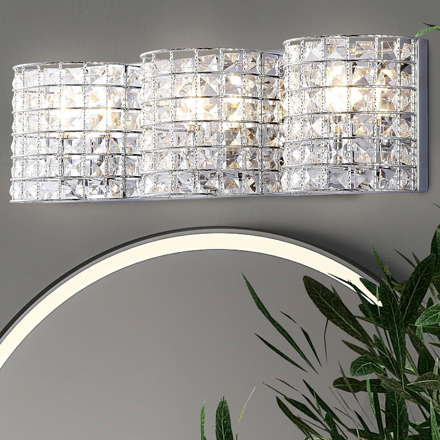 Clara Deco 24" 3-Light Metal/Crystal Classic Glam LED Vanity Light, Chrome