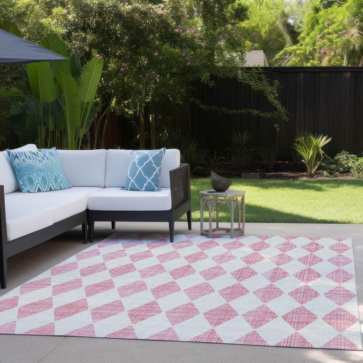 Pink Diamond Pattern Washable Indoor Outdoor Rug