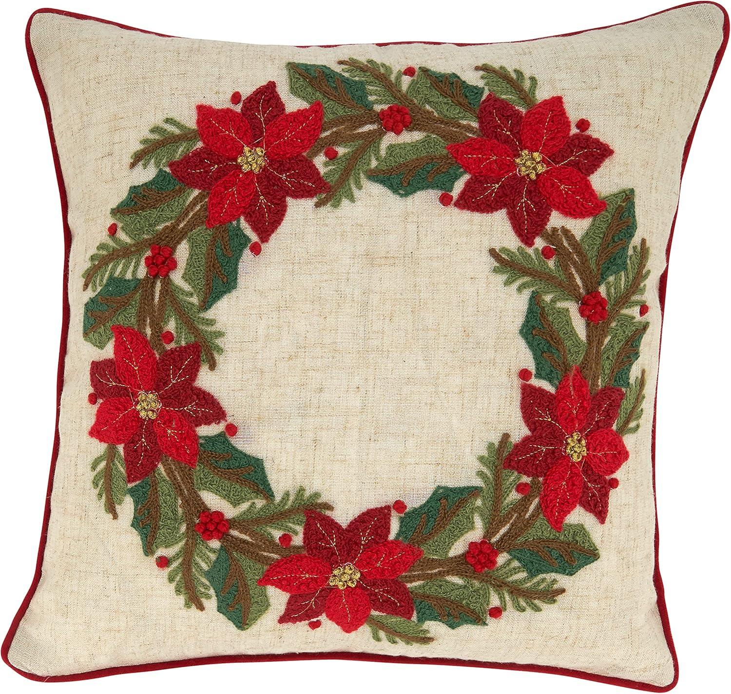 Natural Poinsettia Wreath Down Filled Holiday Throw Pillow