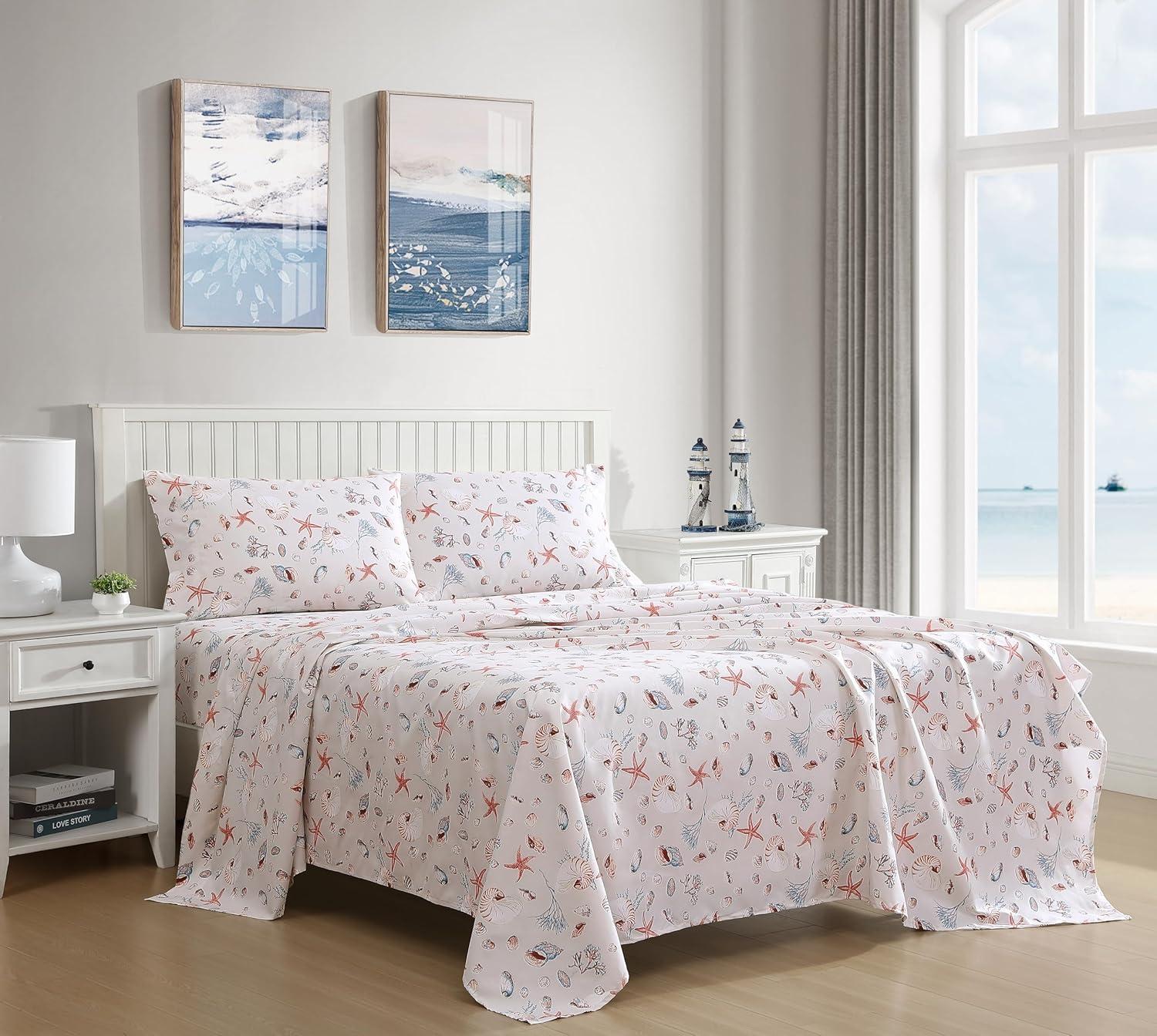 Coastal Print Microfiber Sheet Set, King, Oceanside Sand