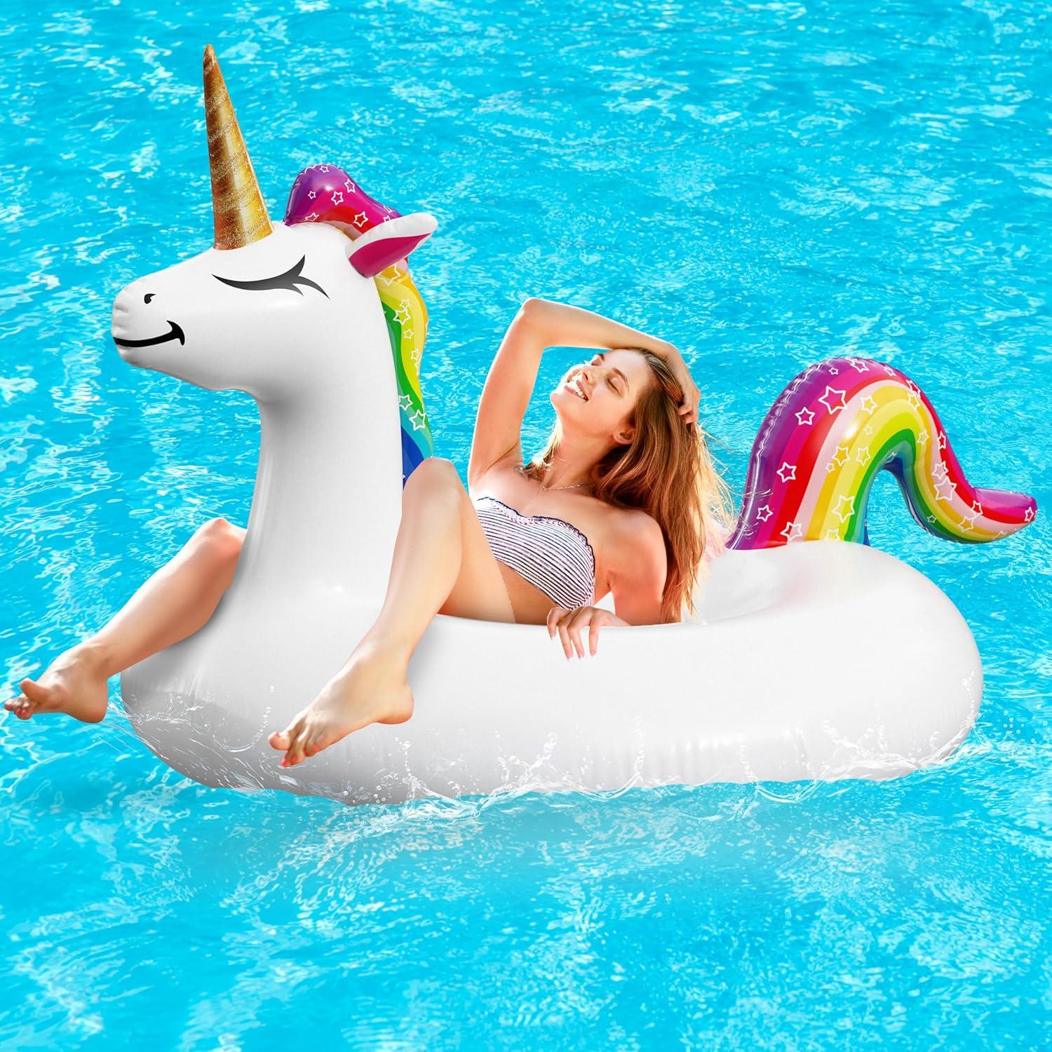 Joyfy 2 Packs Pool Floats Tube, Inflatable Unicorn Flamingo Pool Toys Floaties with Headrest, Pool Swim Ring for Kids Adults Beach Lake Summer Fun
