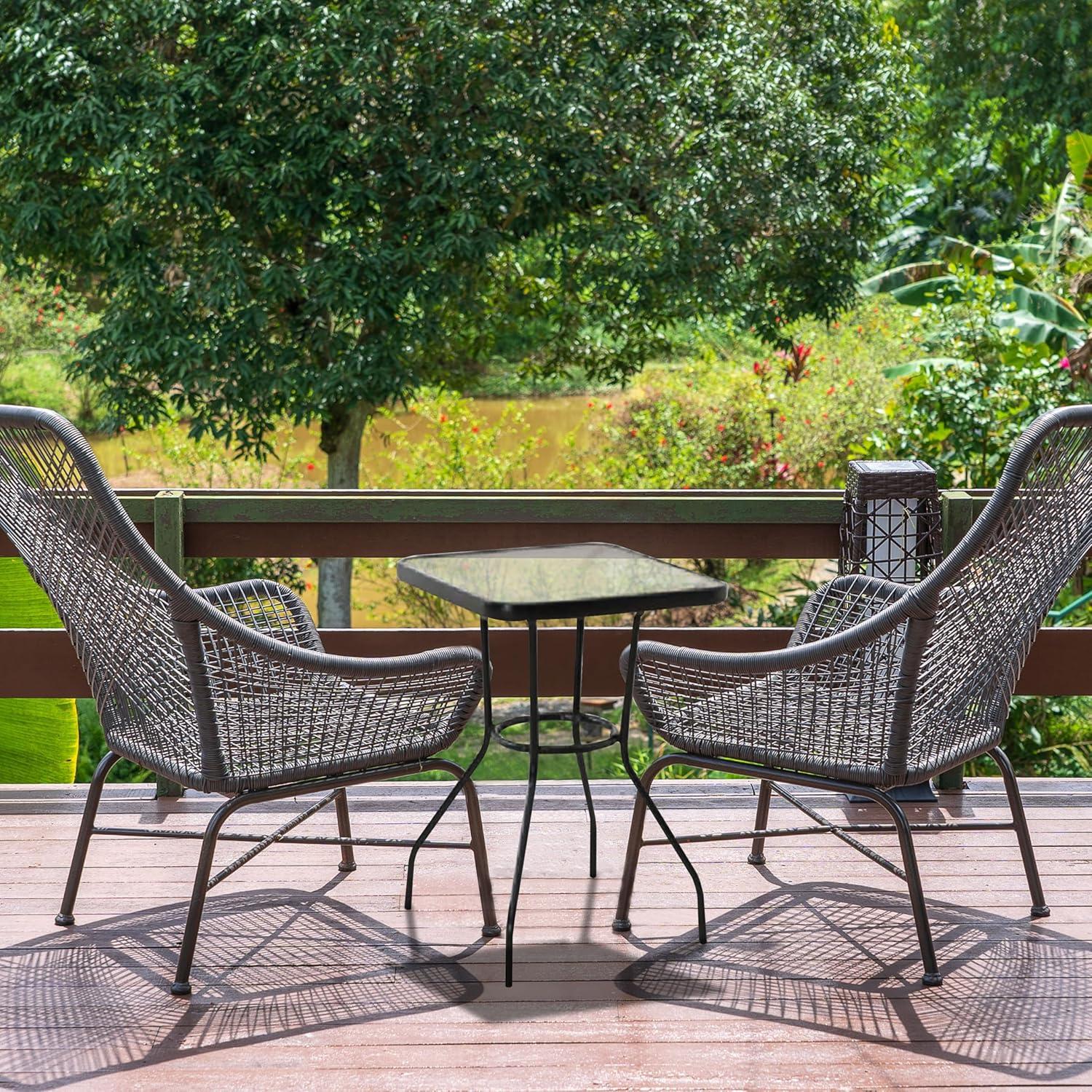 Four Seasons Courtyard Sunny Isles 24 Inch Outdoor Patio Bistro Dining Table Backyard Squared Furniture with Tempered Glass Tabletop, Black