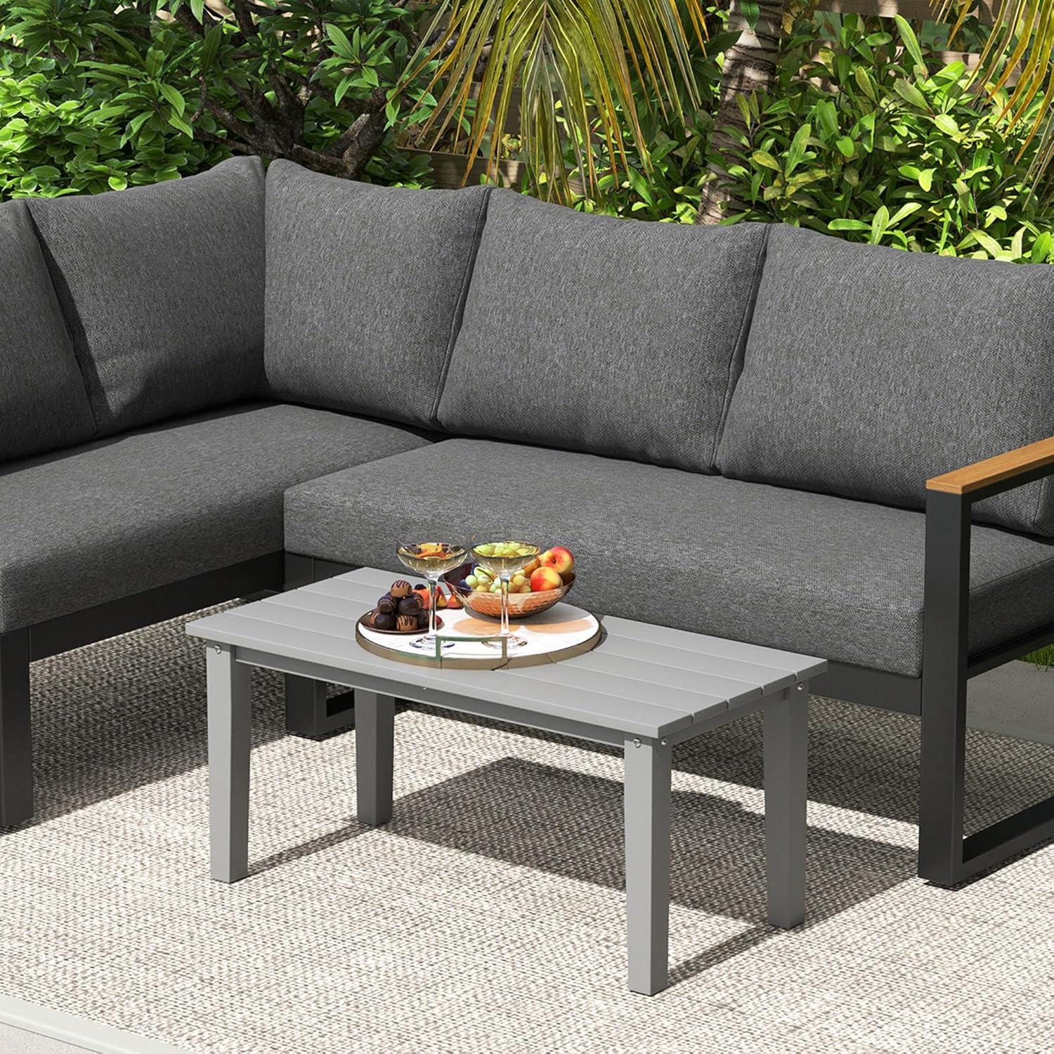 Outsunny HDPE Outdoor Coffee Table, Rectangle All-Weather Patio Coffee Table, Slatted Outdoor Patio Table for Garden, Balcony, Backyard, Gray