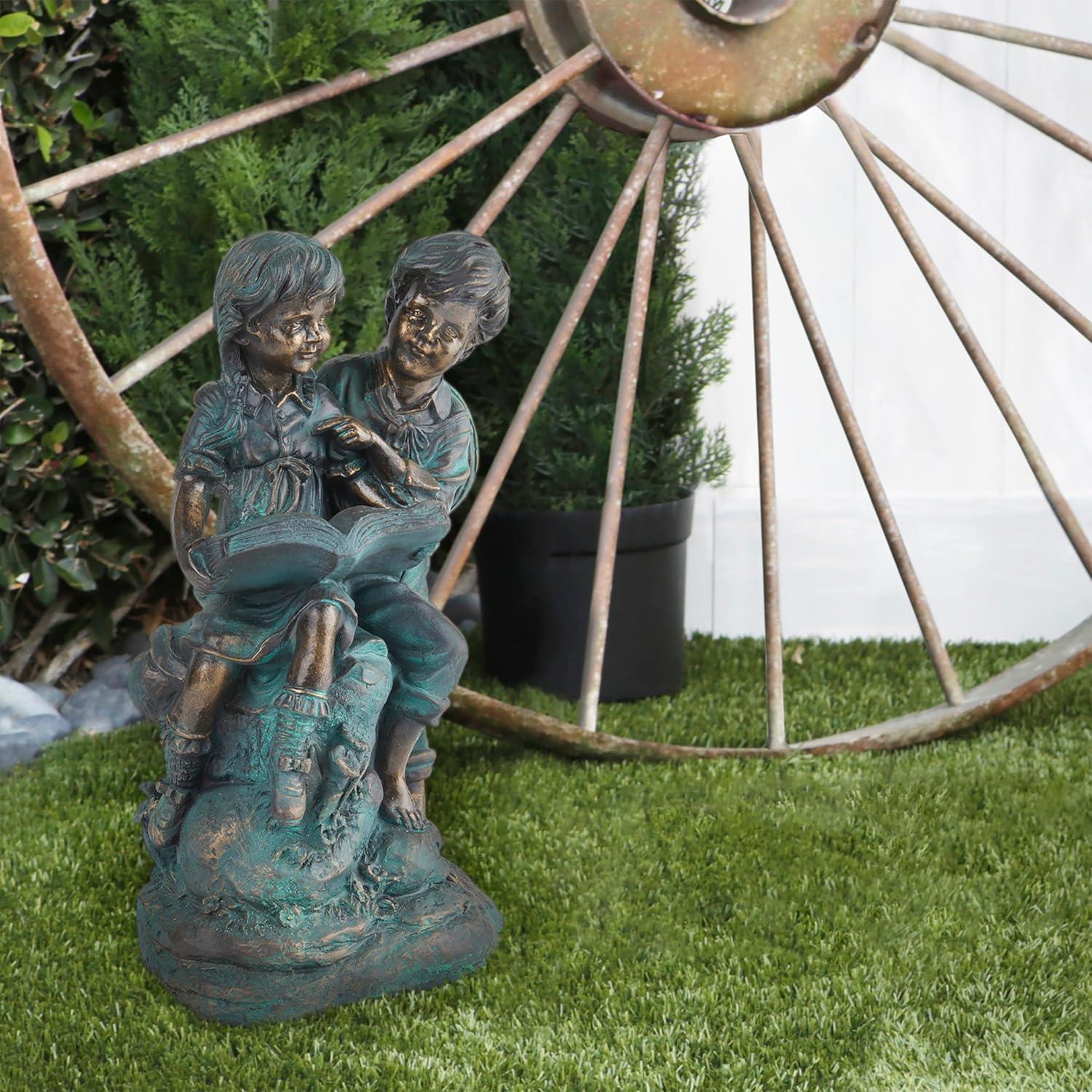 Antique Bronze Boy and Girl Reading Garden Statue