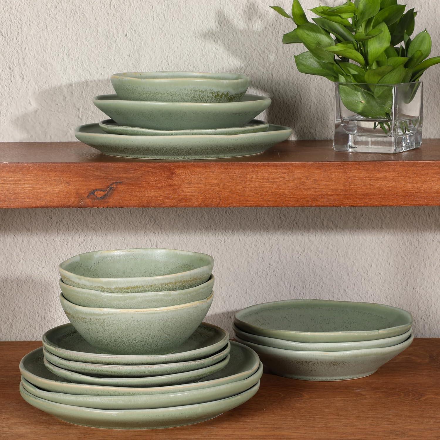 Gibson Elite Island Cove 16 Piece (Service for 4) Plates and Bowls Reactive Glaze Organic Round Dishes Stoneware Ceramic Dinnerware Set