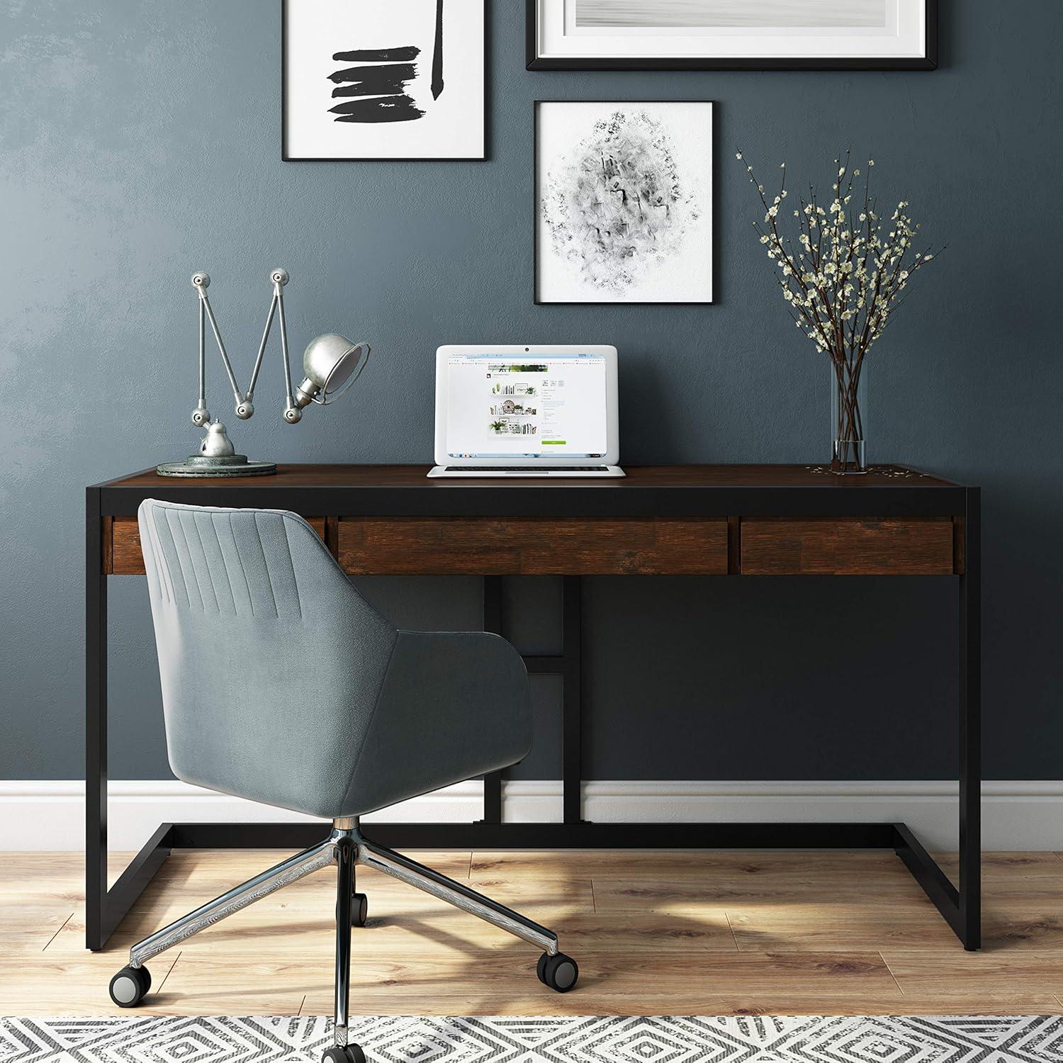 Simpli Home Erina 48"W Solid Acacia Wood Small Desk, Industrial Style with Keyboard Tray and 2 Drawers