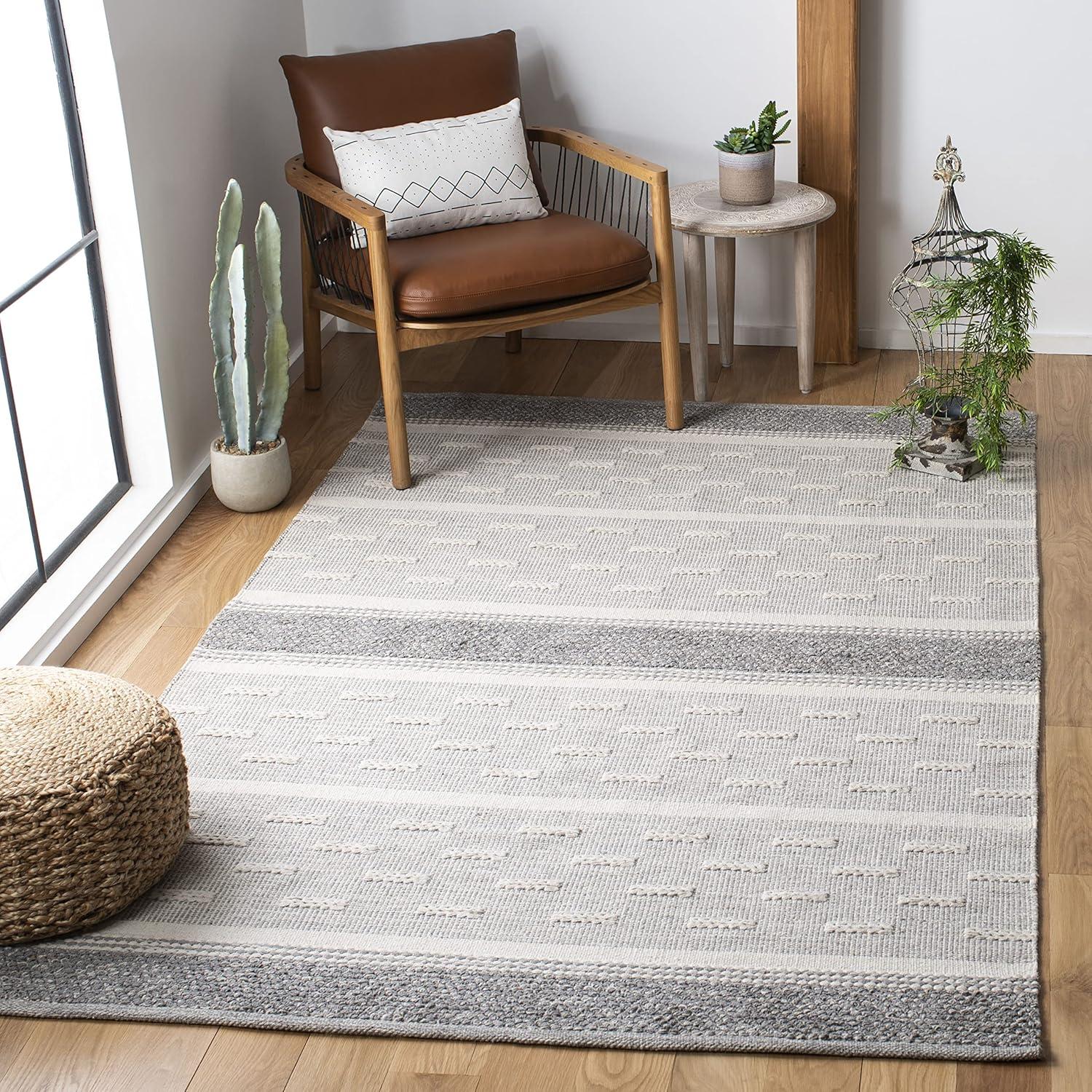 Striped Kilim STK519 Hand Woven Area Rug - Ivory/Grey - 3'x3' - Safavieh.