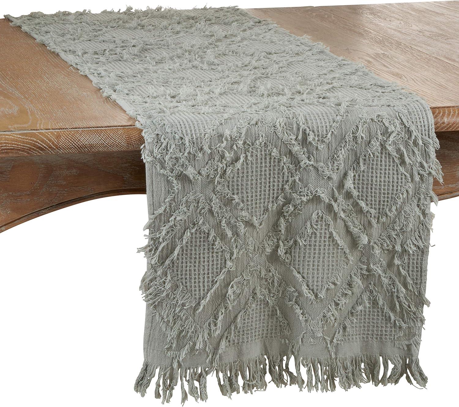 72" x 16" Cotton Waffle Weave Fringed Table Runner Blue - Saro Lifestyle