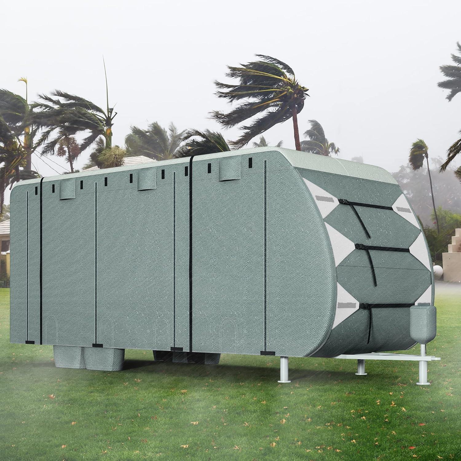 Travel Tailer RV Cover Camper Cover 27-30ft Super Thick Waterproof Windproof Anti-UV Rip-Stop Motorhome Covers with 2 Long Straps 4 Tire Covers Tongue Jack Cover