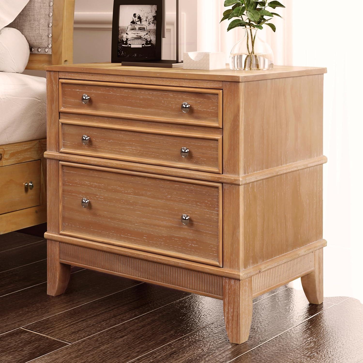 Natural Pine 3-Drawer Nightstand with Pewter Hardware