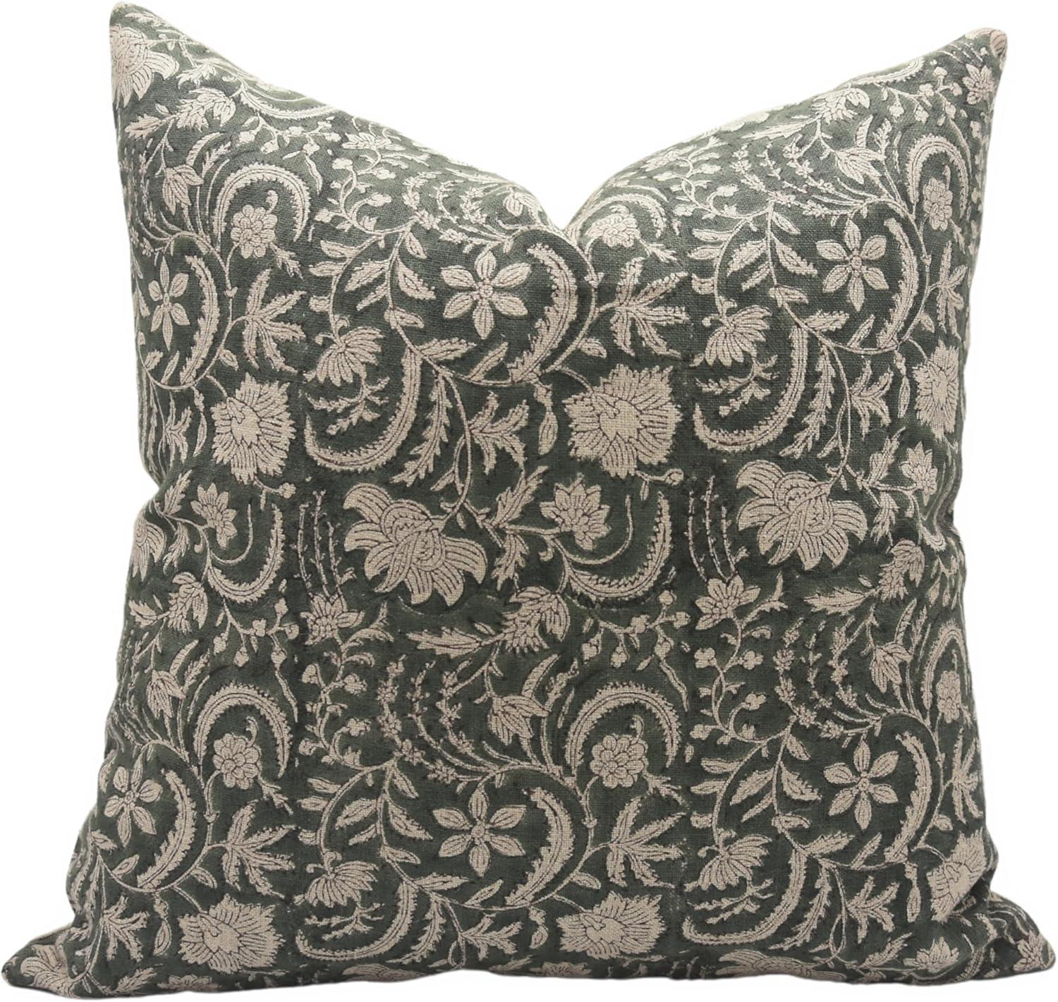 Green and Beige Floral Linen Block Print Pillow Cover 24x24