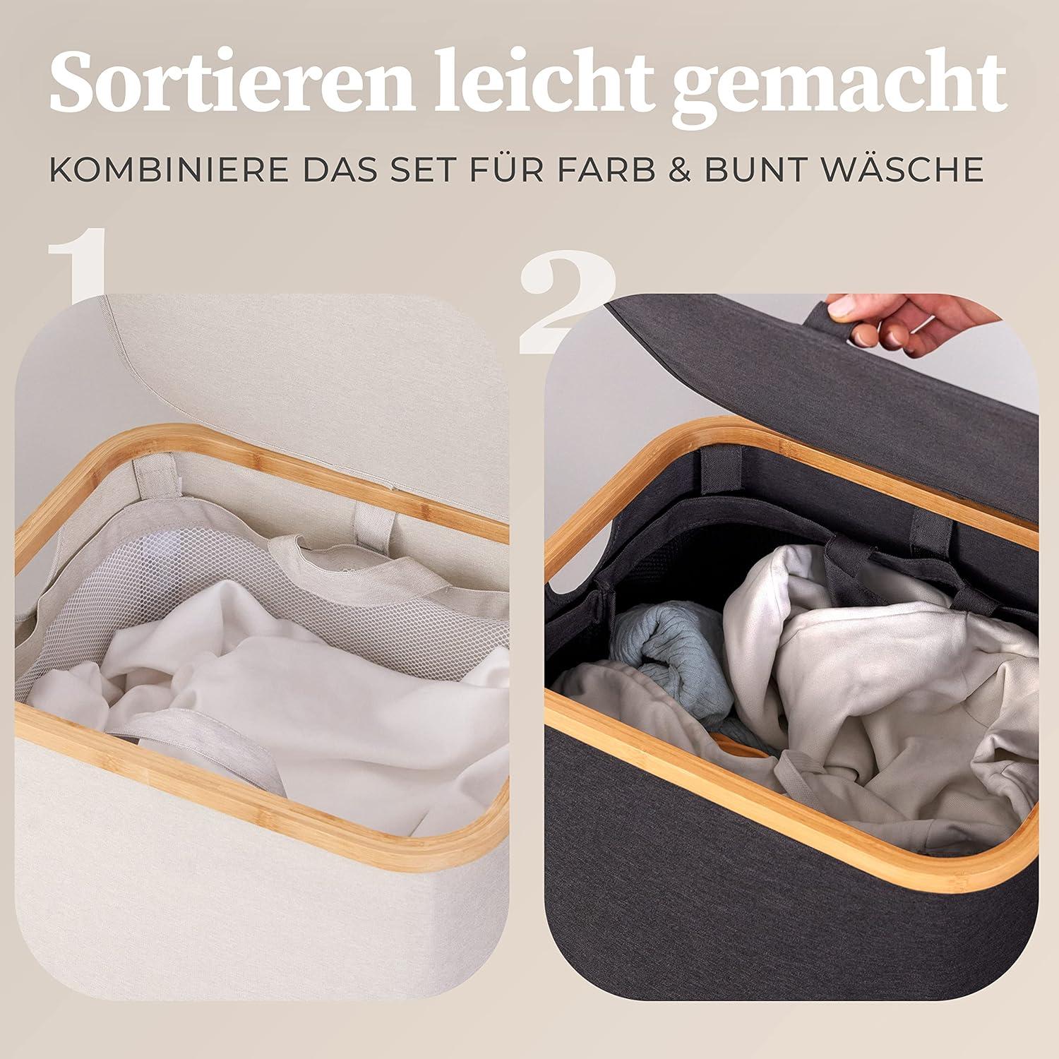 Hennez® Double Laundry Hamper with Lid, 2x Removable Bags, Thic Fabric, Bamboo Hamper 140Liter - 36gal - Light Gray