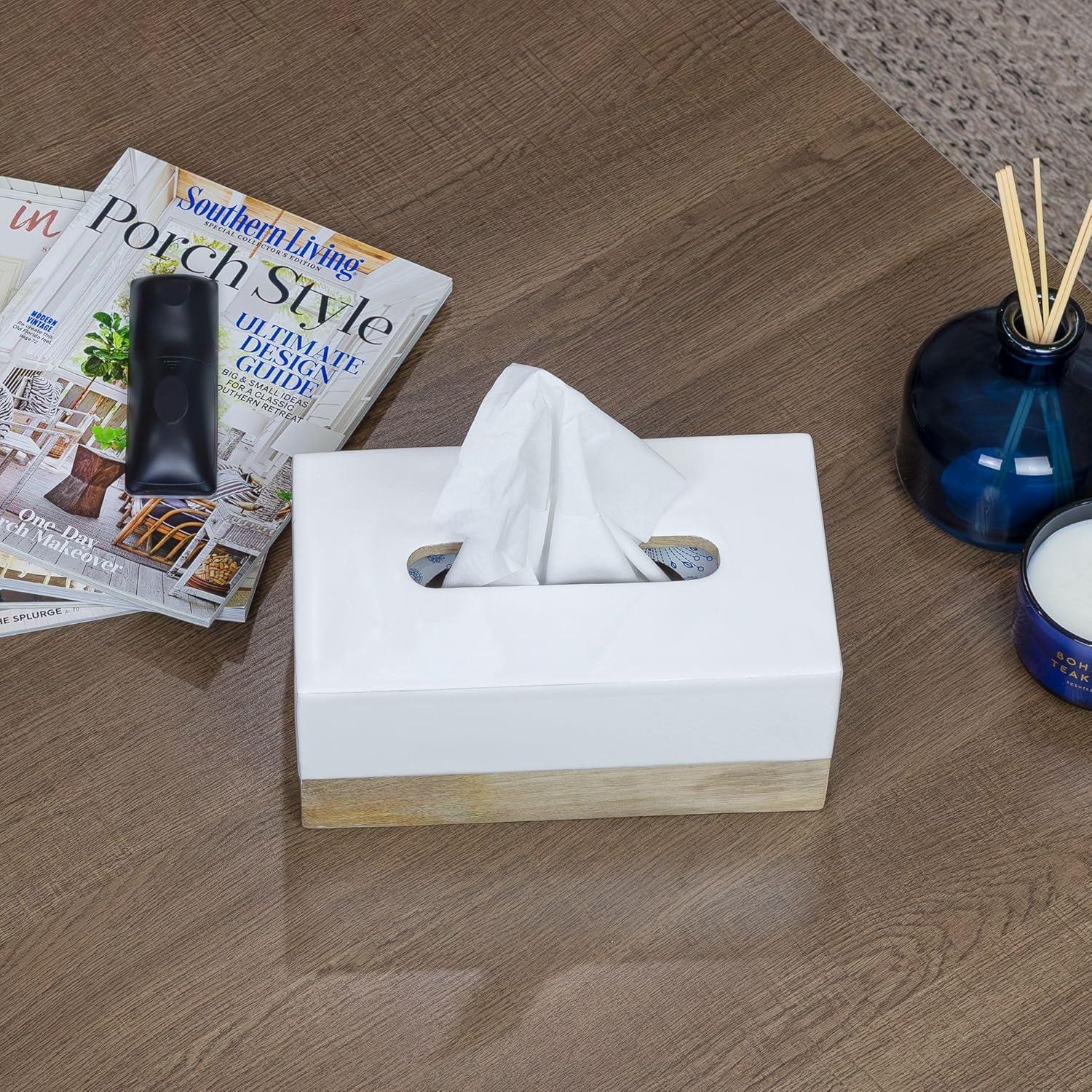 AuldHome Design Rectangular Tissue Box Cover (Enamel/Mango Wood); Minimalist Scandinavian Decor White Oblong Tissue Holder