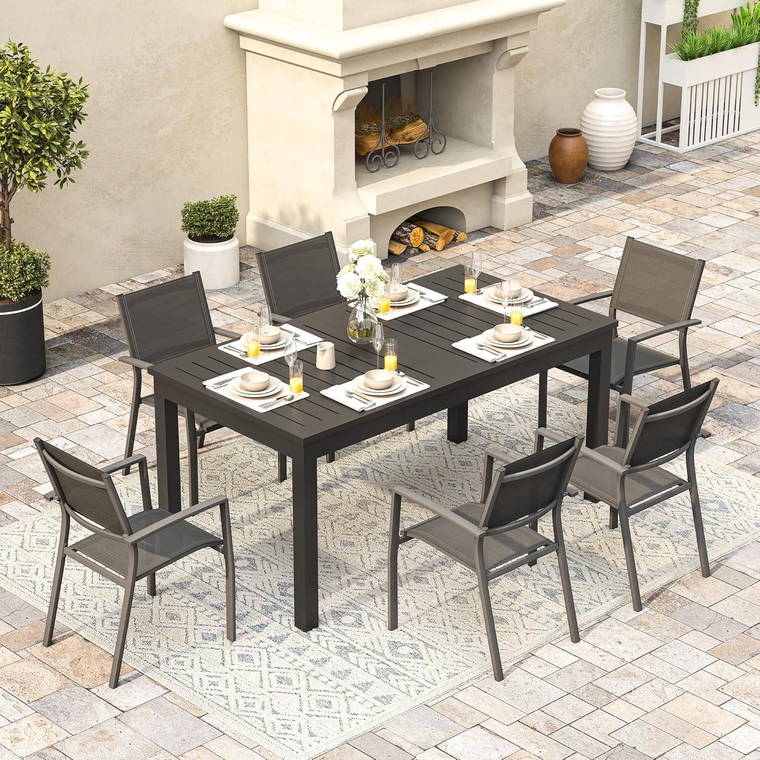 Superjoe Patio Expandable Table Dining Set for 4 to 10, Aluminum Outdoor Dining Table, Rectangular Patio Metal Table with Umbrella Hole for Backyard Porch, Deck ＆ Garden, Easy Assembly, Dark Grey