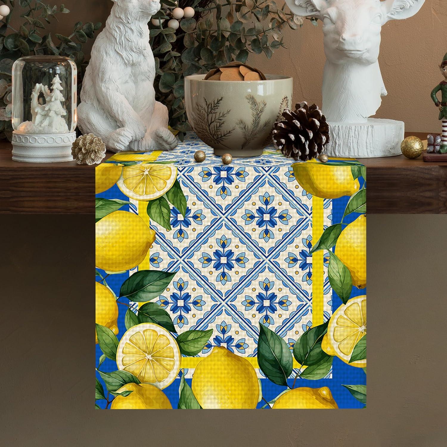 Jbralid Lemon Table Runner Spring Summer Seasonal Yellow Blue Table Runners Farmhouse Kitchen Dining Table Decoration for Indoor Outdoor Home Decor 13x72 Inch