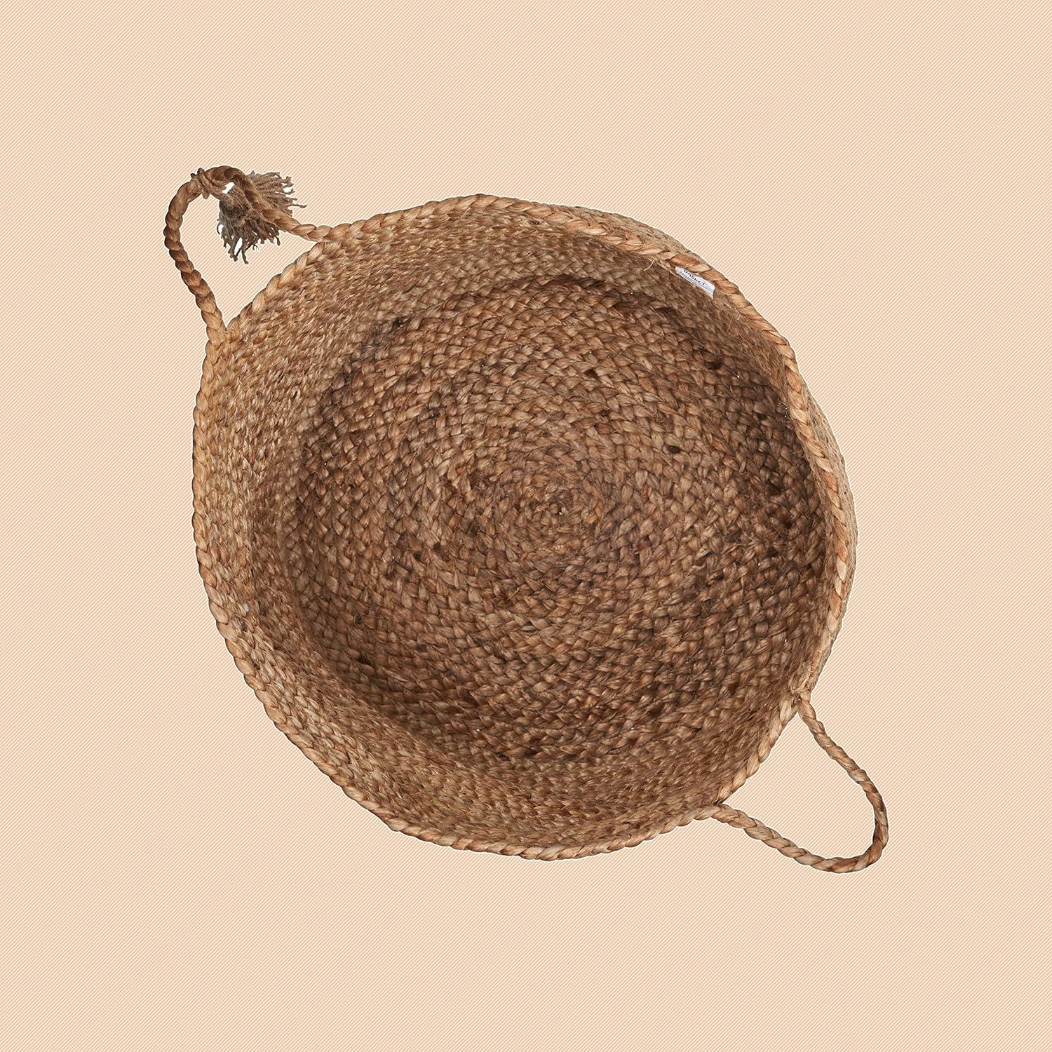 LR Home Braided Round Jute 17" Storage Basket with Handles, Natural/Tan Solid
