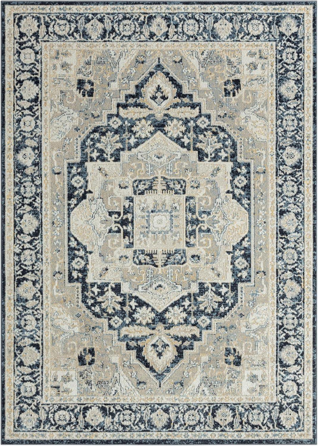 Everwash Treasure Rubia Traditional Medallion Machine Washable Area Rug, Ivory/Navy Blue, 5'2"x7'2"