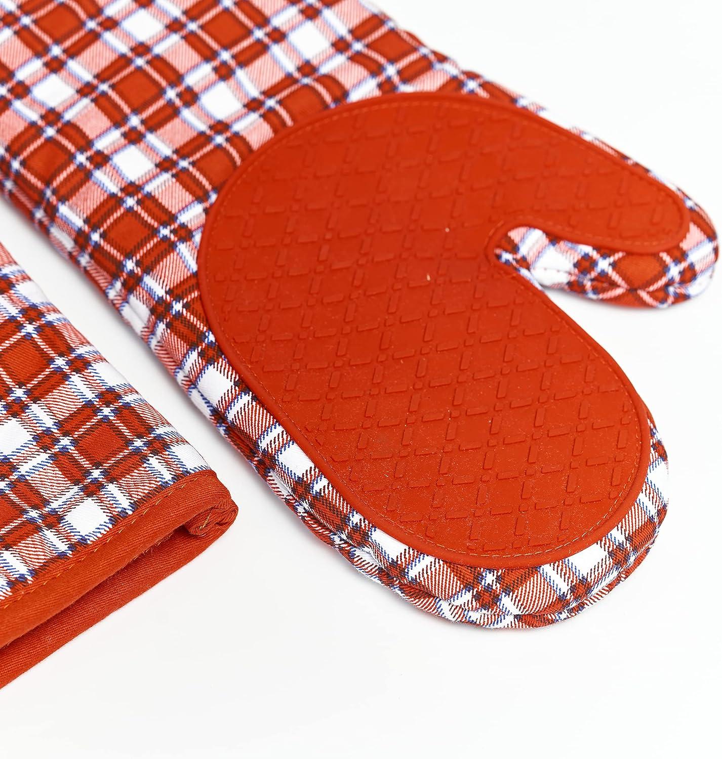 Nautica Home Red Plaid 100% Cotton Oven Mitts With Silicone Palm