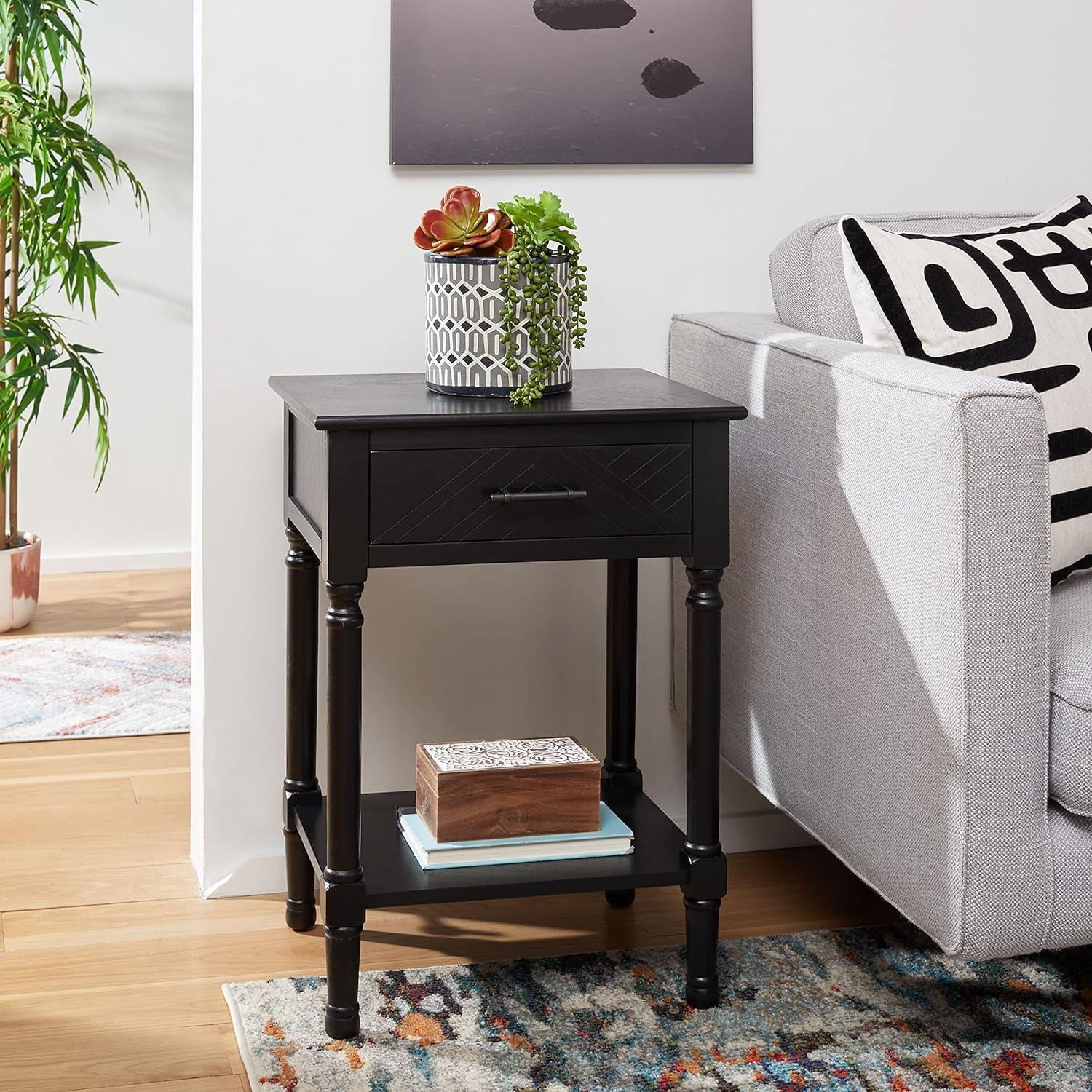 Peyton Black Wood Rectangular Storage End Table with Herringbone Pattern