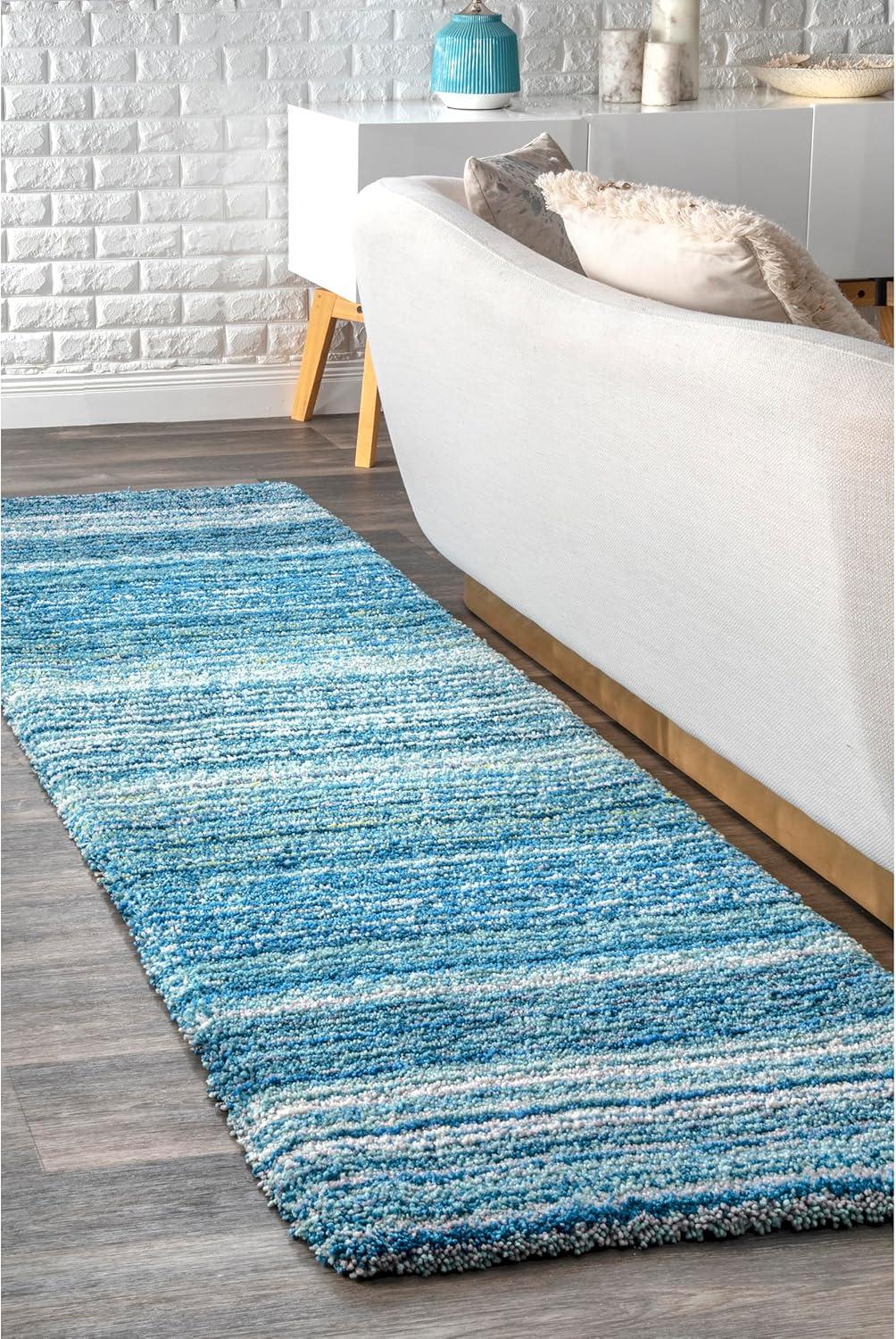 Sky Blue Striped Synthetic Tufted Shag Runner Rug