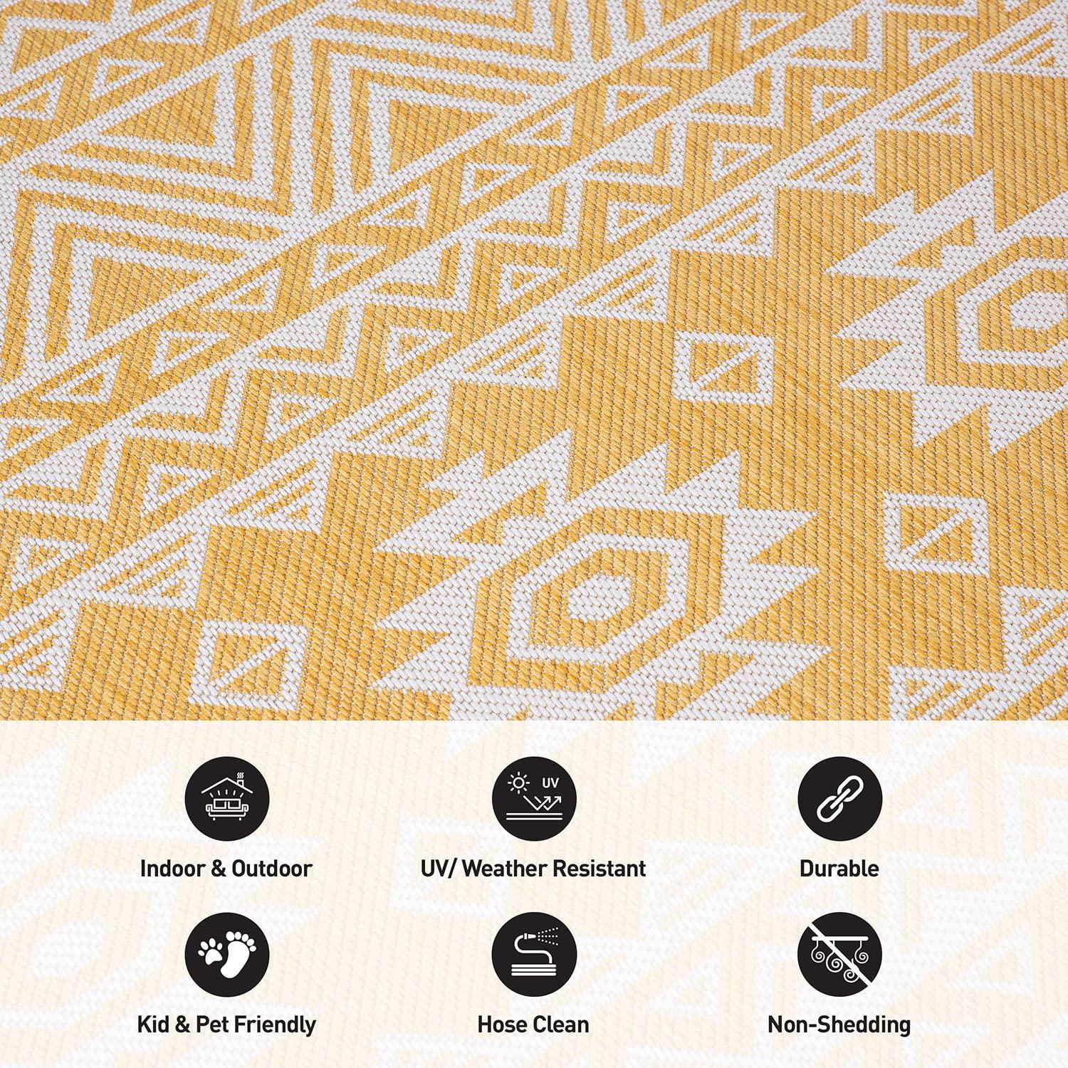 World Rug Gallery Distressed Geometric Bohemian Textured Flat Weave Indoor/Outdoor Area Rug - YELLOW 2'x7'