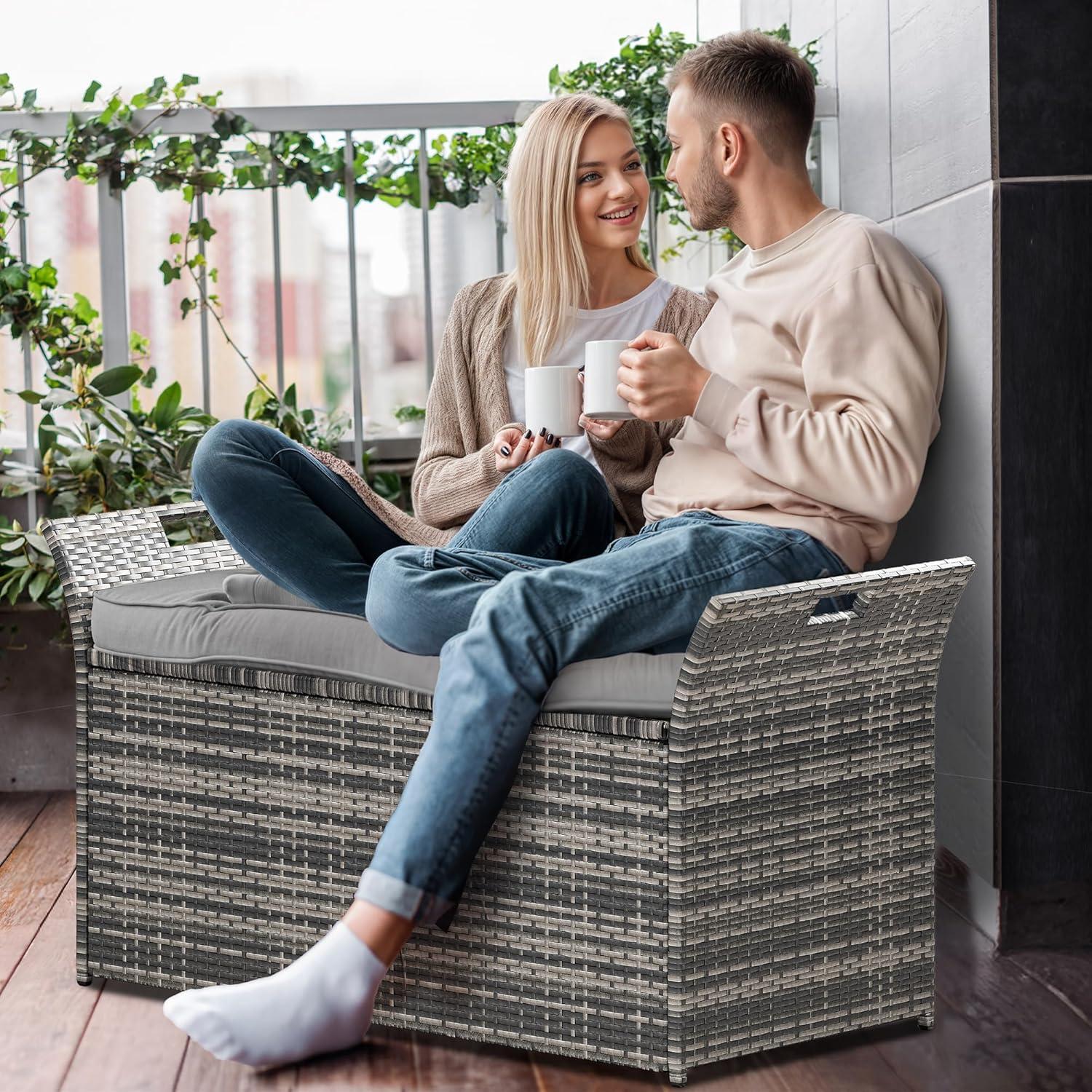 Gray Wicker and Polyethylene Outdoor Storage Bench with Cushion