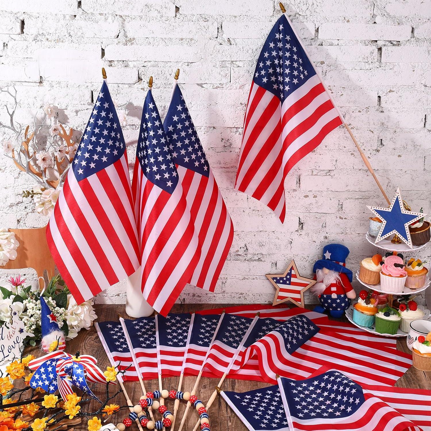 12 Pcs 12x18 Inch American Flags on Stick - Perfect for Memorial Day, 4th of July, Veterans Day Decorations USA Stick Flag with Handheld and Grounded Multi-Purpose Flagpole|Flagsticks USA 12 inch x 18