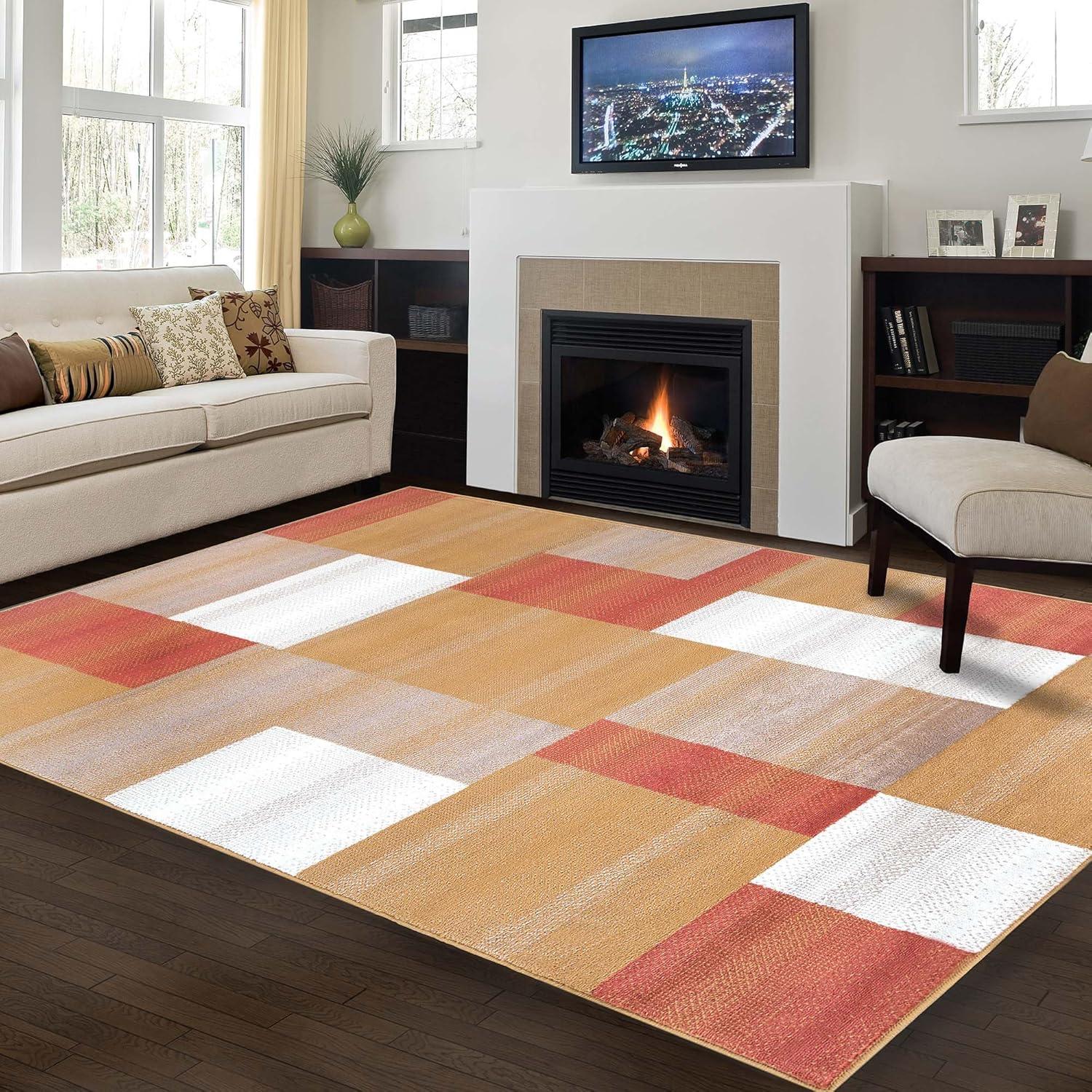 Superior Color Block Area Rug 8' x 10', Plush Indoor Rugs For Living Room Bedroom, Ginger