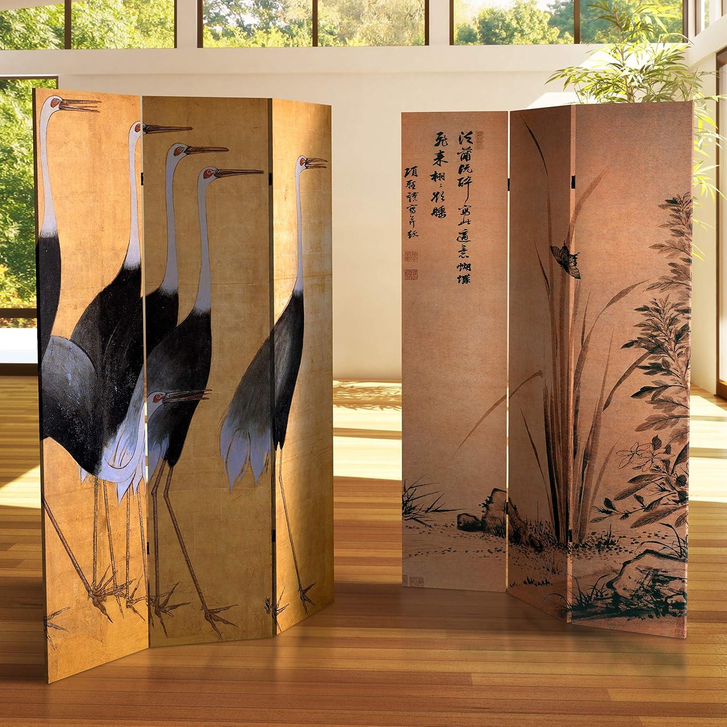 6" Double Sided Cranes Room Divider Beige - Oriental Furniture: Japanese Art, Privacy Screen