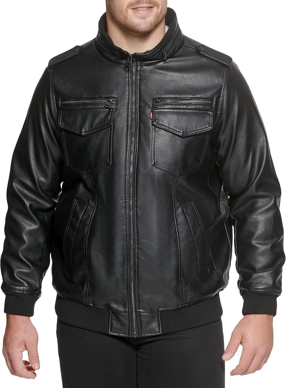 XL Winter Faux Leather Bomber Jacket with Faux Shearling Lining