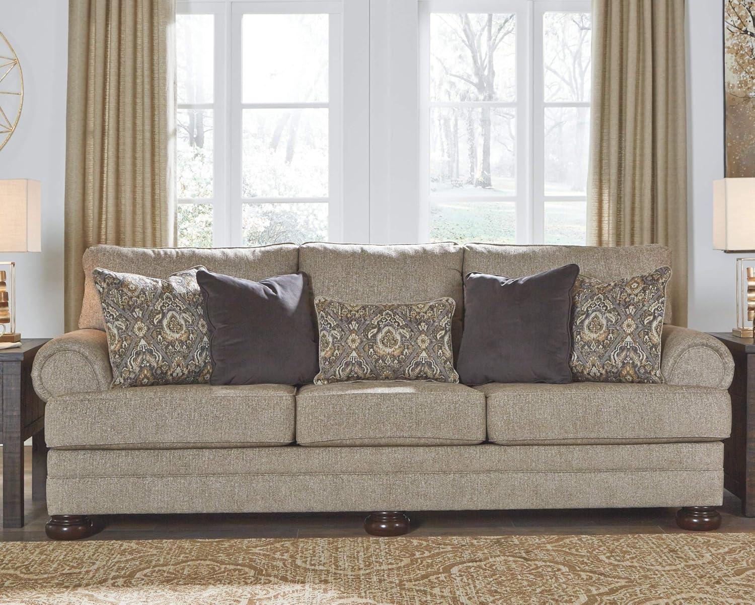 Oatmeal Microfiber Transitional Sofa with Rolled Arms