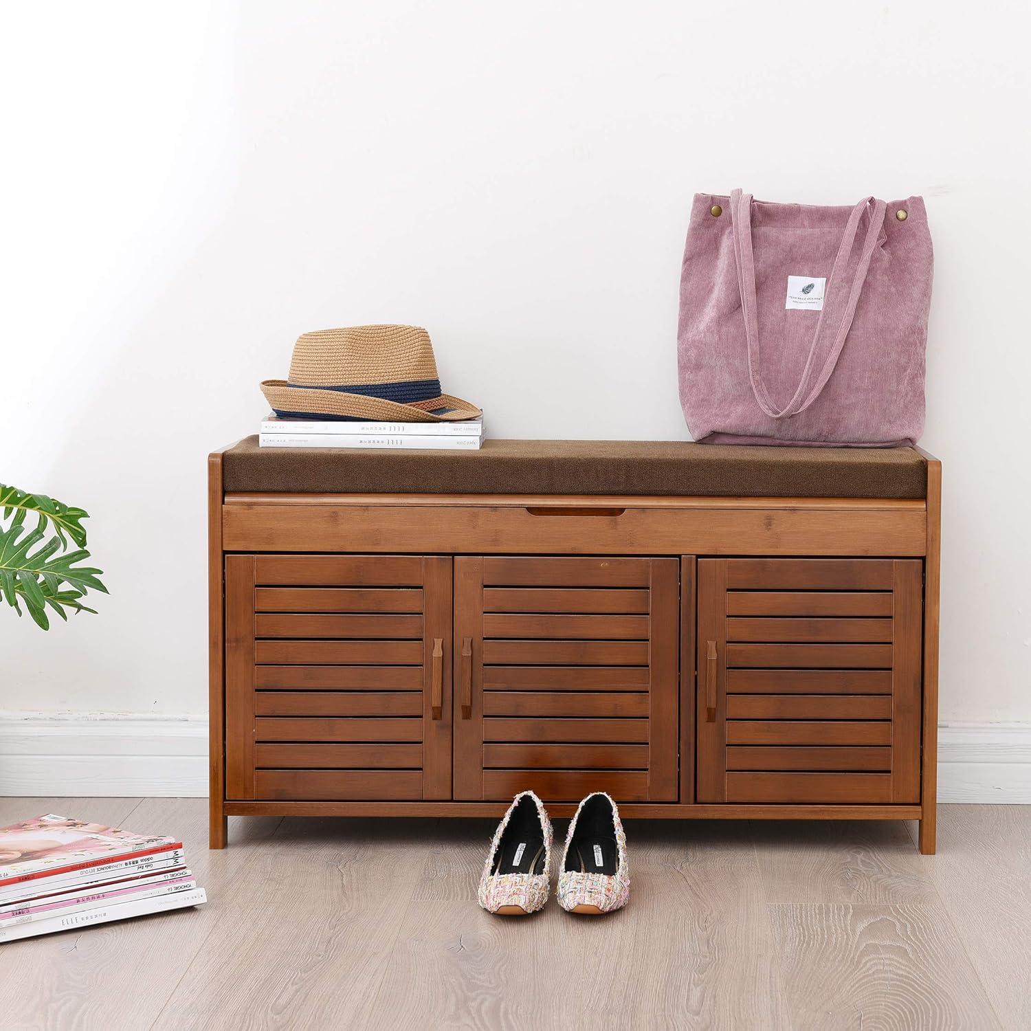 Bamboo Entryway Bench with Hidden Shoe Storage and Detachable Cushion