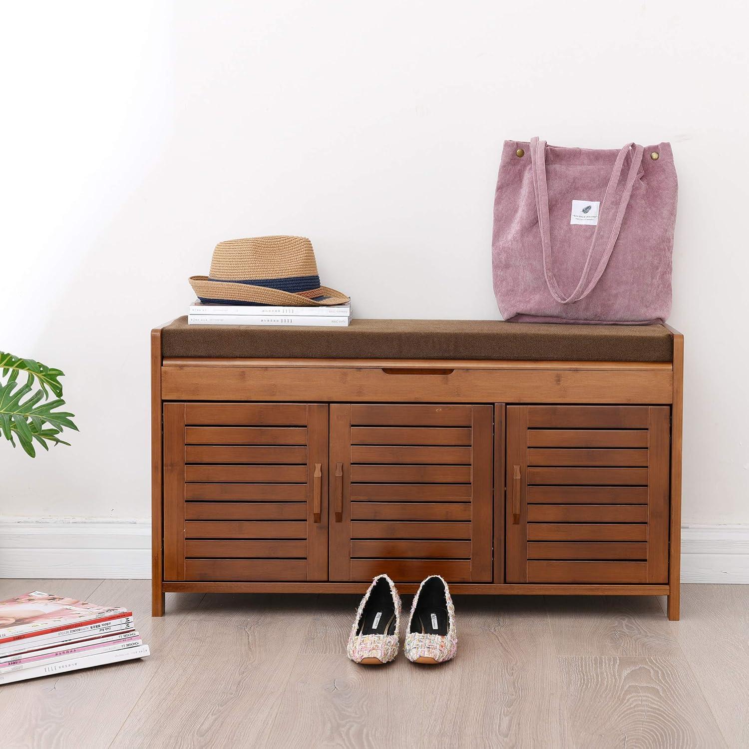 Bamboo Entryway Bench with Hidden Shoe Storage and Detachable Cushion