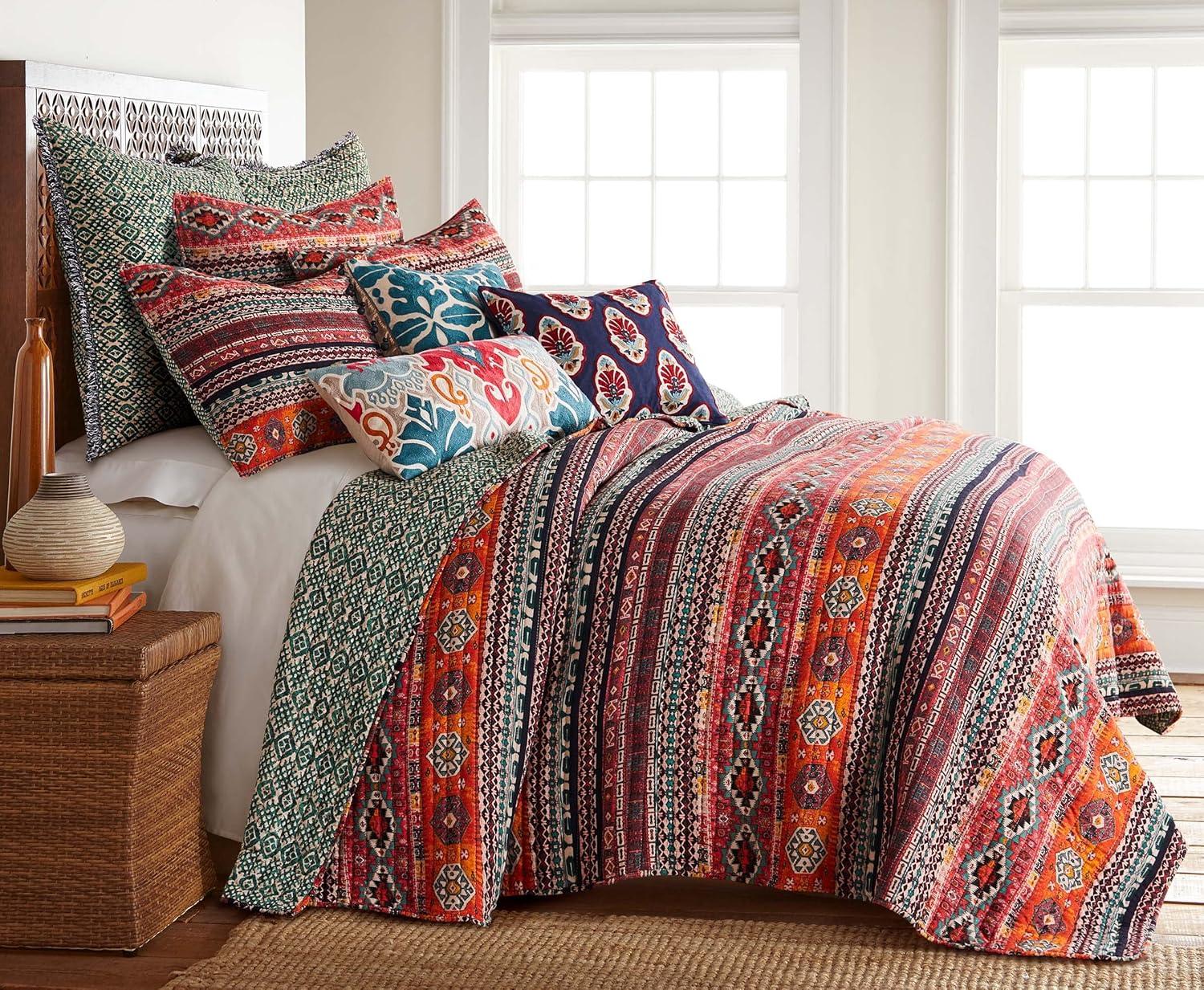 Vista Aztec Stripe Quilt Set - Full/Queen Quilt and Two Standard Pillow Shams Orange, Green, Black - Levtex Home
