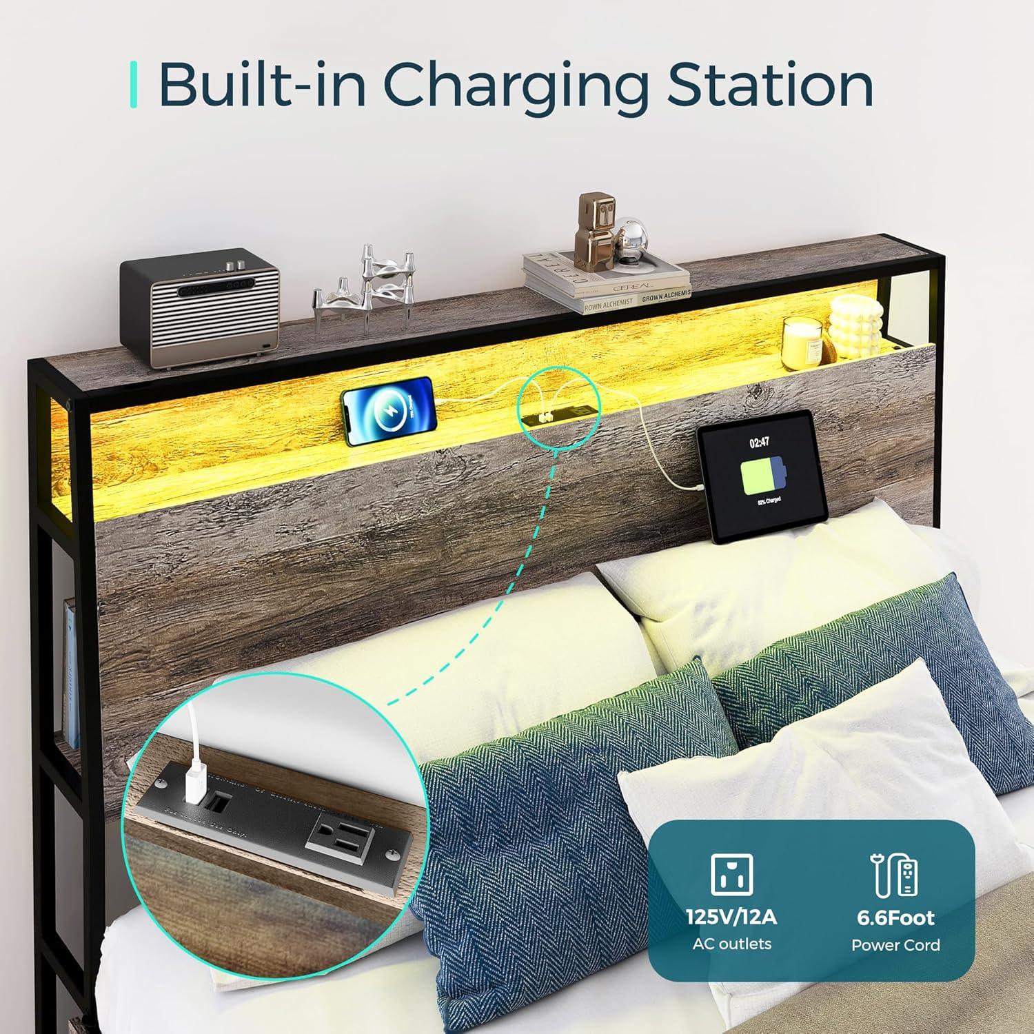 Linsy Home Queen Size Platform Bed Frame with Headboard and 3 Storage Shelves, Metal Bed with Lights, Outlets & USB, Light Grey, Mattress Not Included